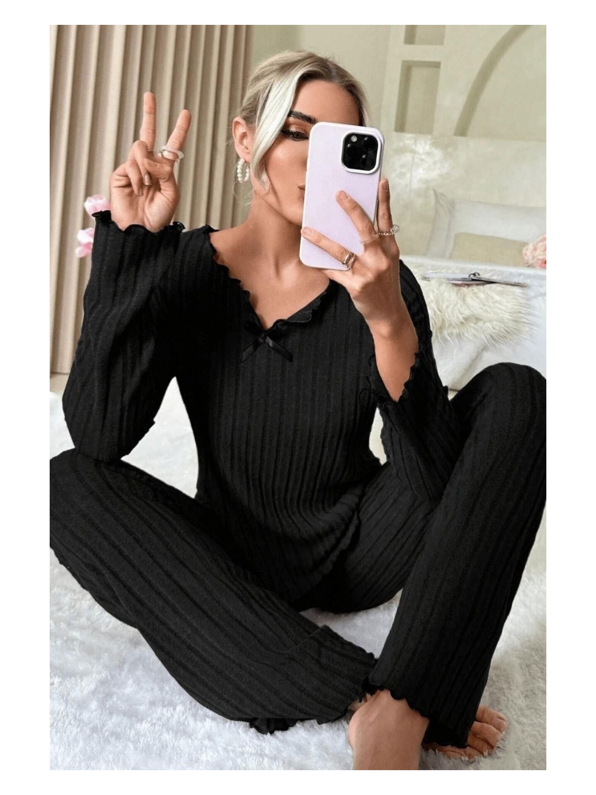 Bella Notte Pembe Pamuklu Fiyonk Detaylı Pijama Takımı - Görsel 4