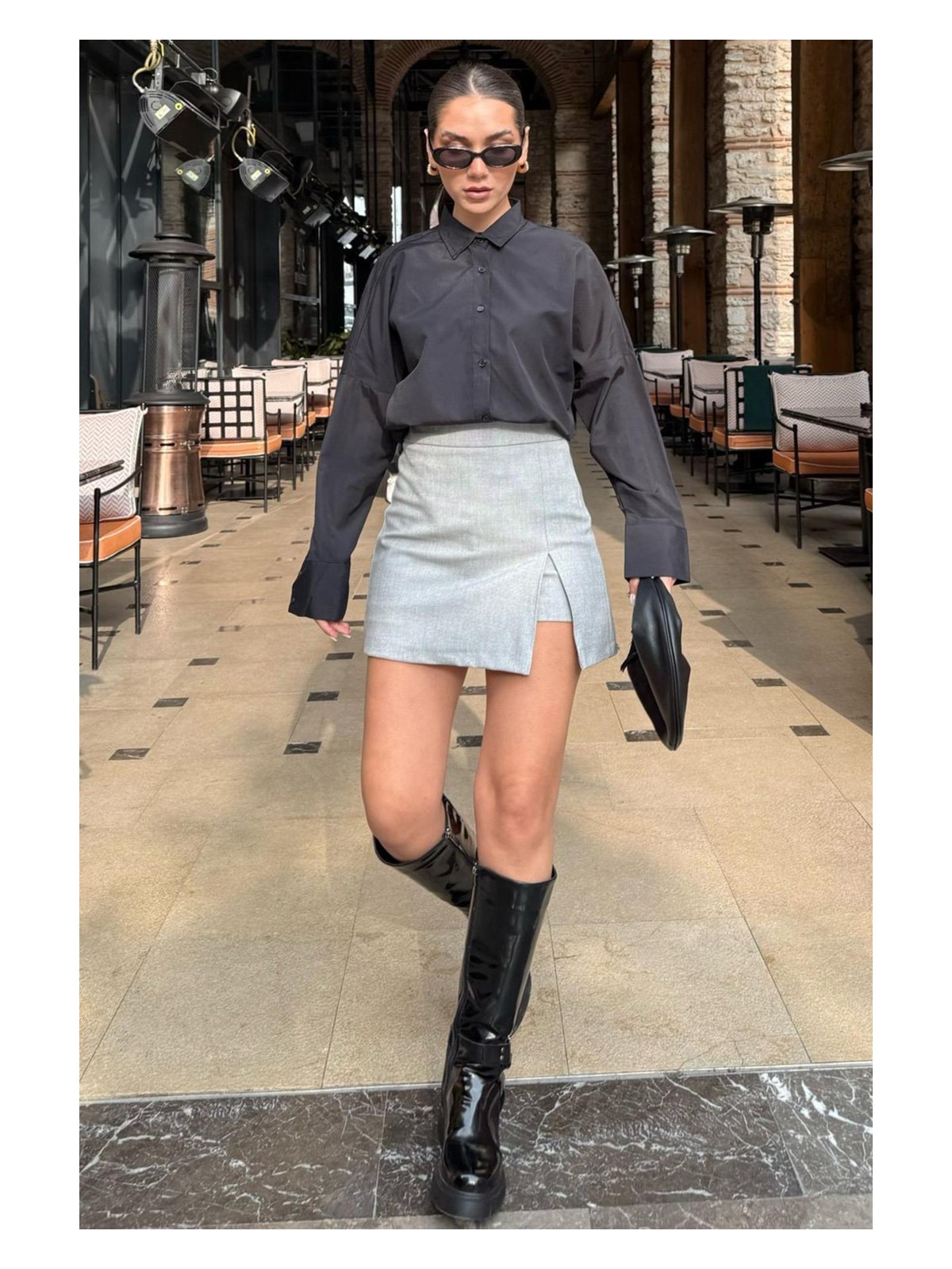 Madmext Gri Yırtmaç Detaylı Kadın Şort Etek MG2315