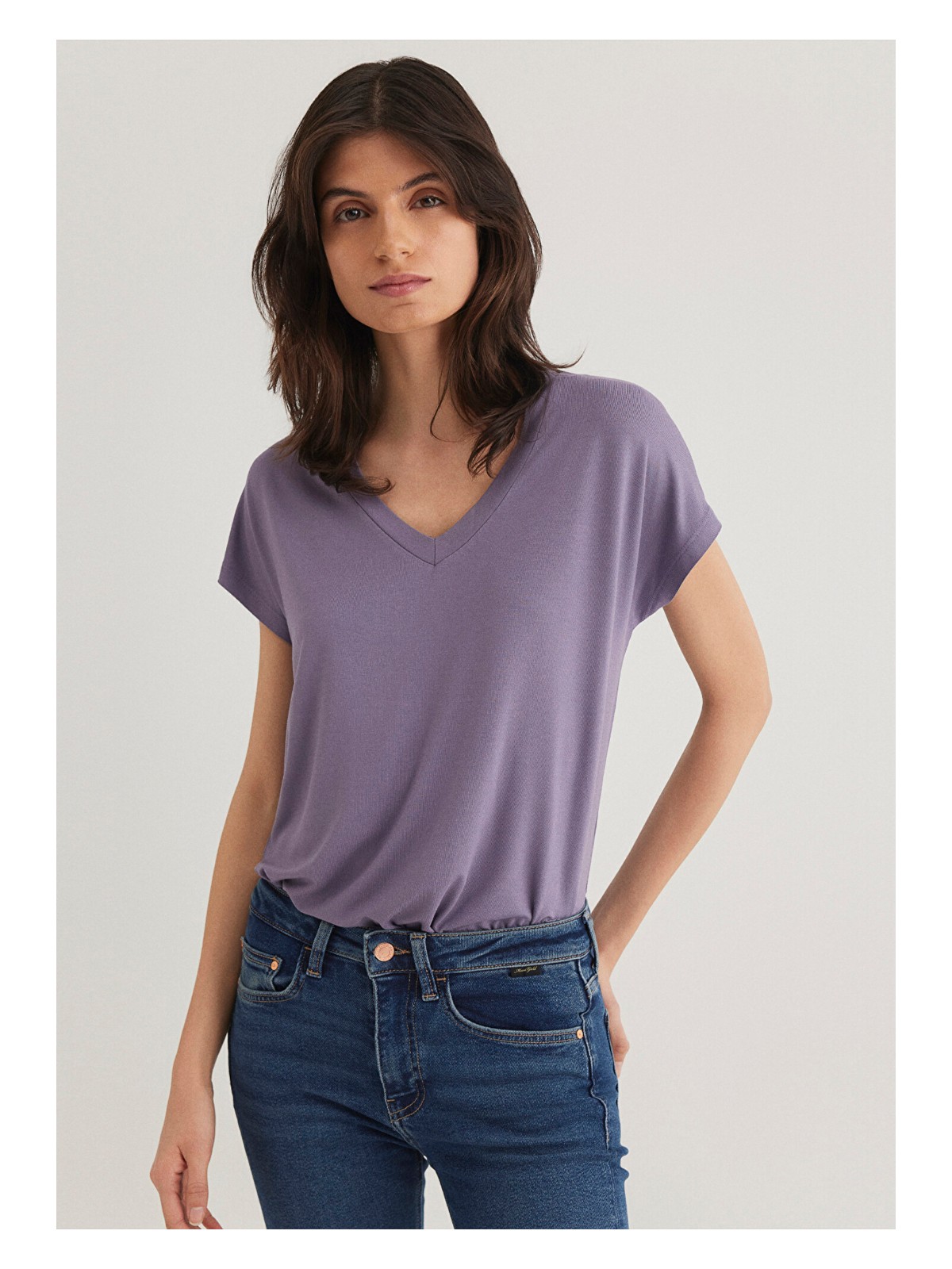 Mavi V Yaka Mor Basic Viskoz Tişört 167714-70608
