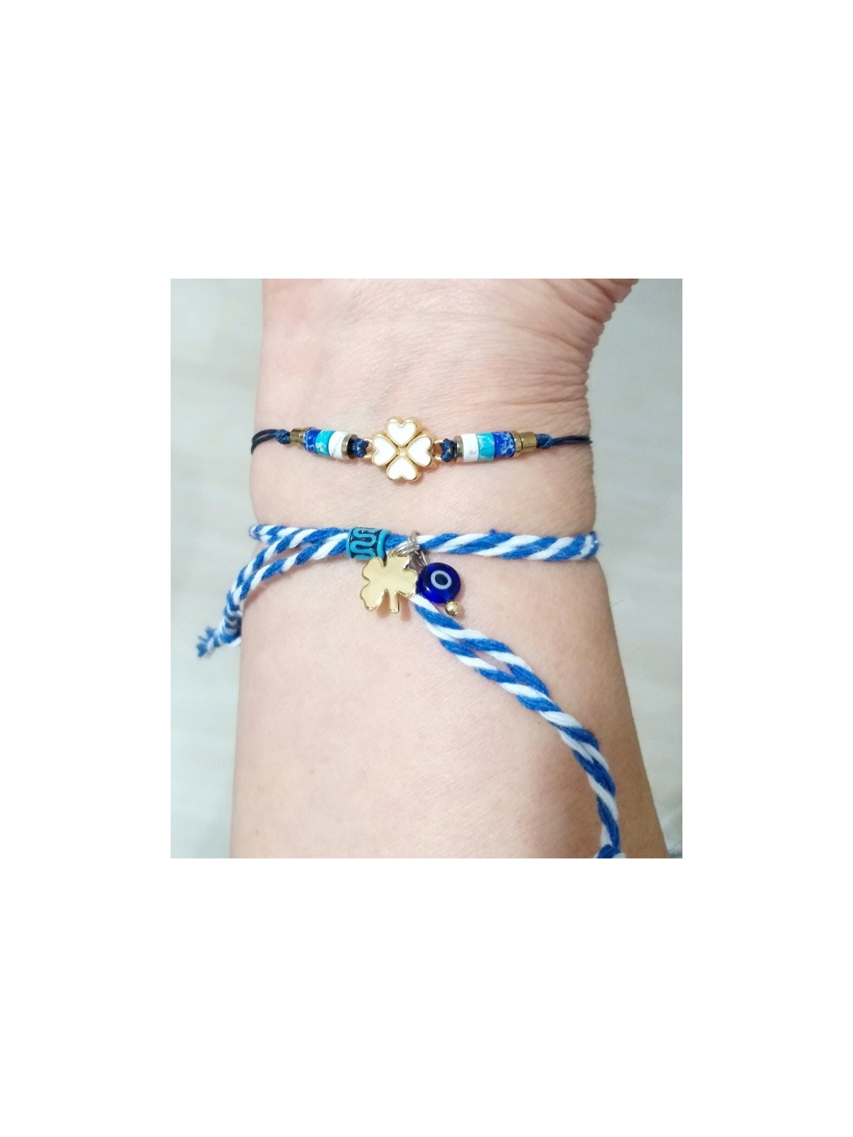 Funny Takı Varisit ve Hematit Doğaltaşlı Yonca Bileklik ve Nazar Boncuklu Marteniçka Bileklik