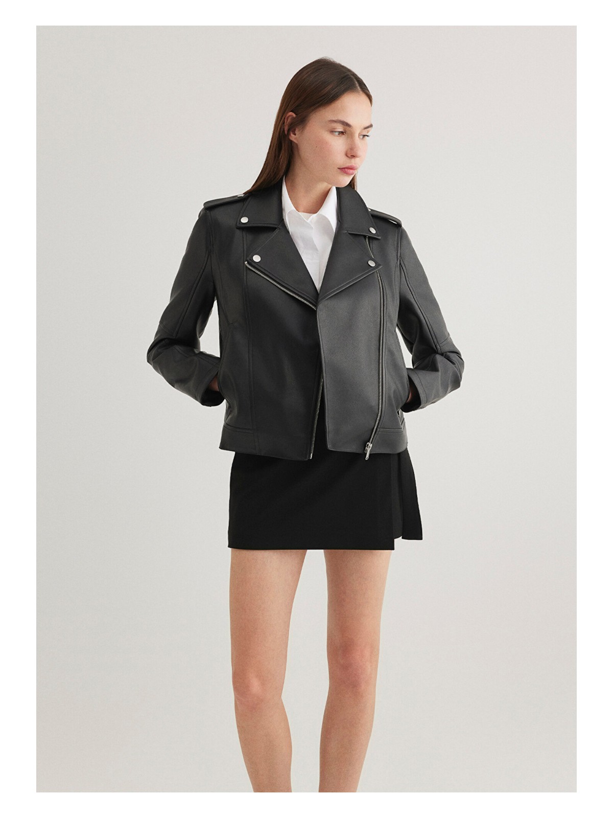 Mavi Biker Yaka Siyah Suni Deri Ceket 1110221-900