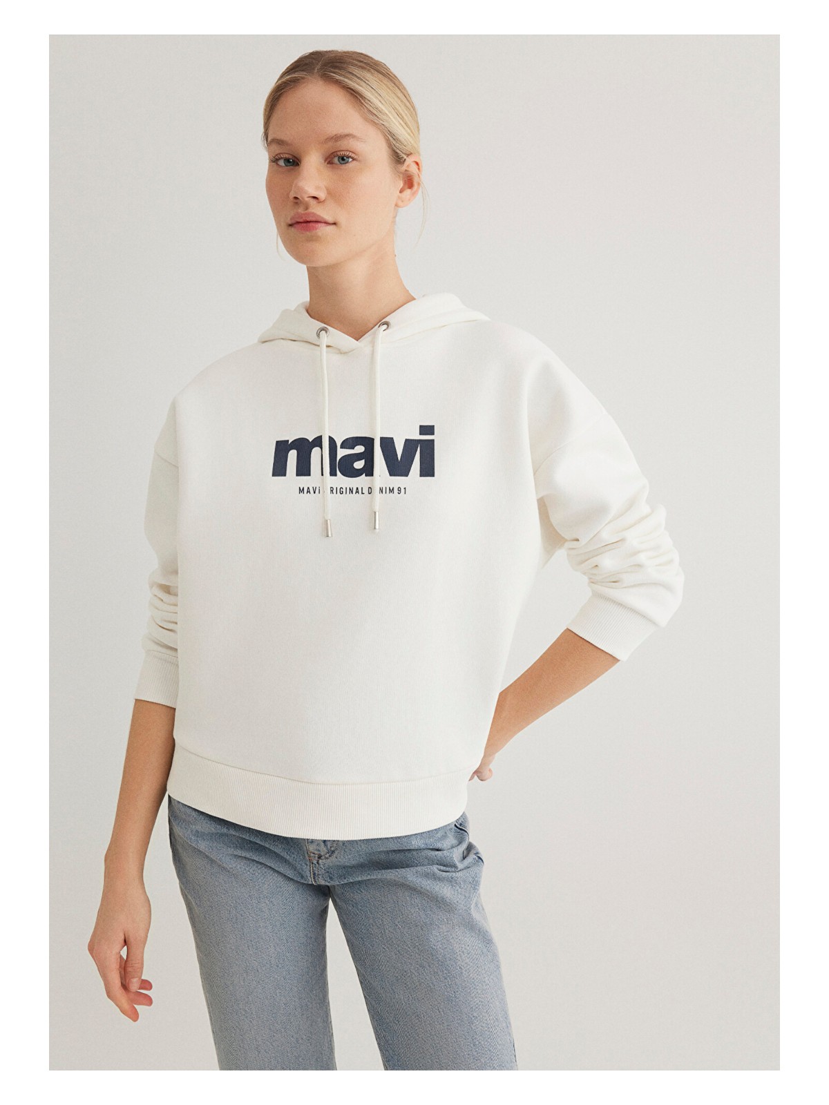 Mavi Mavi Logo Baskılı Kapüşonlu Ekru Sweatshirt 168334-81964