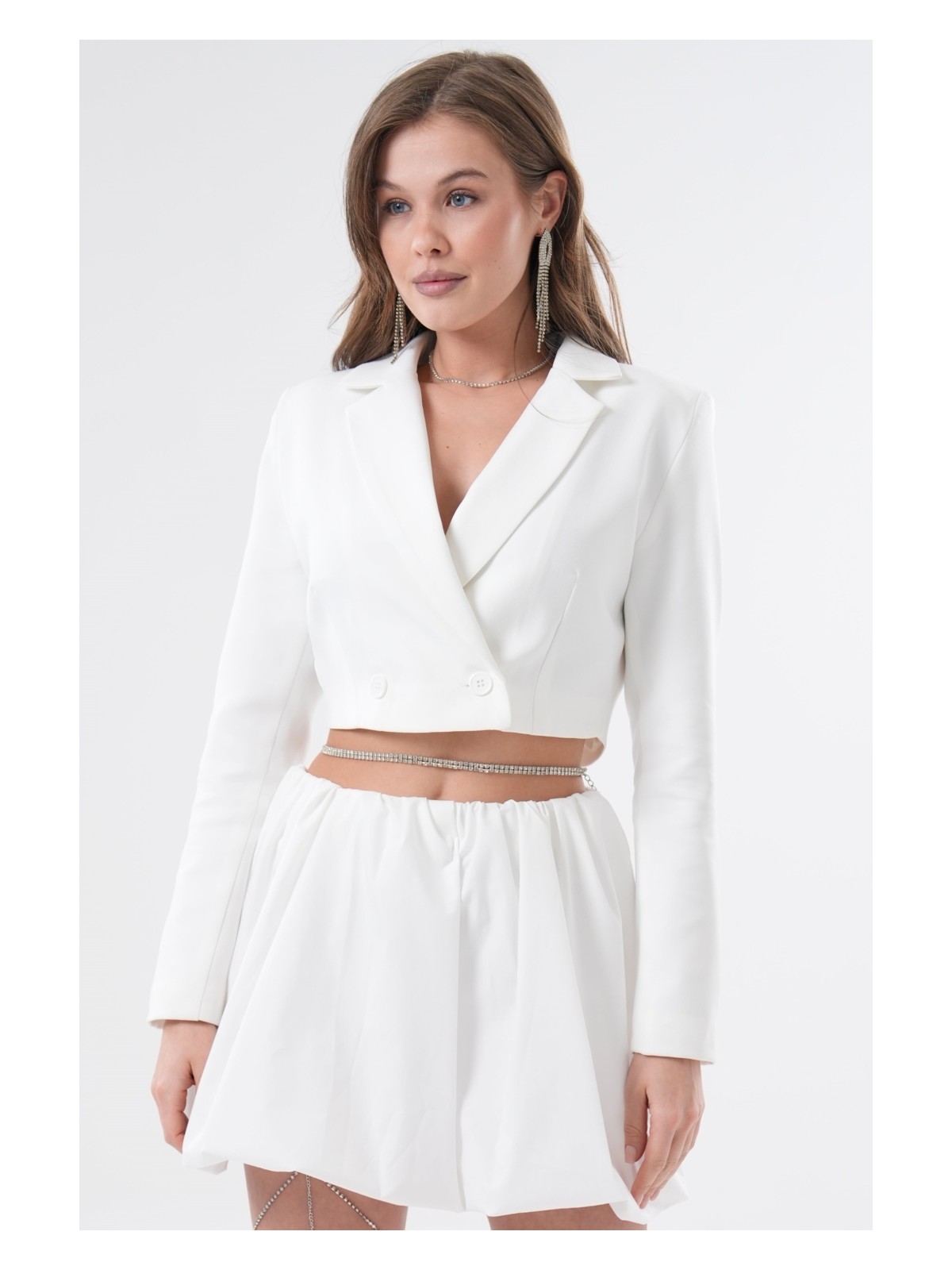 Saade Beyaz Kruvaze Crop Blazer Ceket