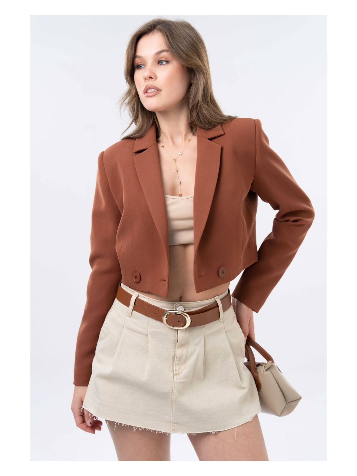Saade Kahverengi Kruvaze Crop Blazer Ceket Kadın %86 Polyester %14 Elastan Rahat Ve Hafif