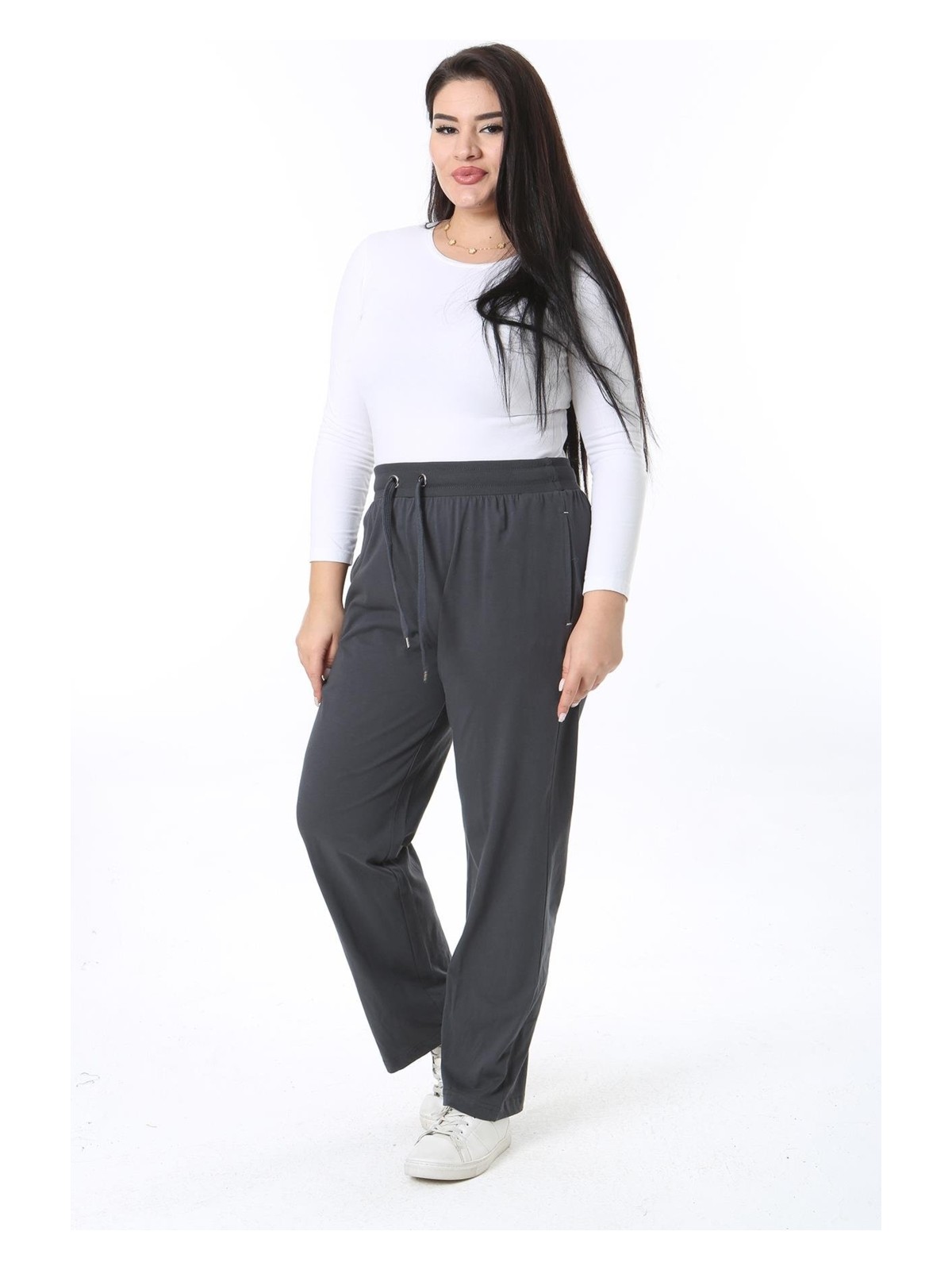 Şans Kadın Büyük Beden Yeşil Pamuklu Kumaş Beli Kuşgözü Bağcık Detaylı Eşofman Alt 65N38470 - Görsel 4