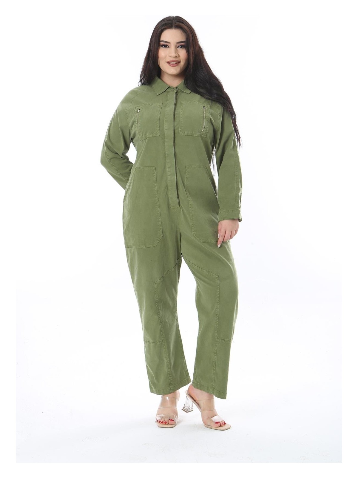 Şans Kadın Büyük Beden Haki Gizli Pat Çıtçıt Düğmeli Cep Detaylı Tulum 65N38726