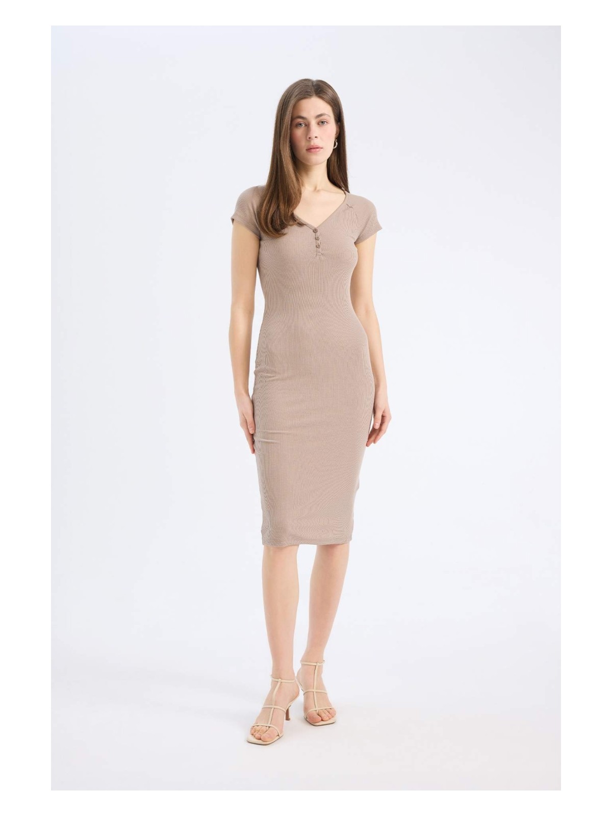 DeFacto Bodycon Vücudu Saran V Yaka Fitilli Kaşkorse Kısa Kollu Midi Elbise E7368AX25SP