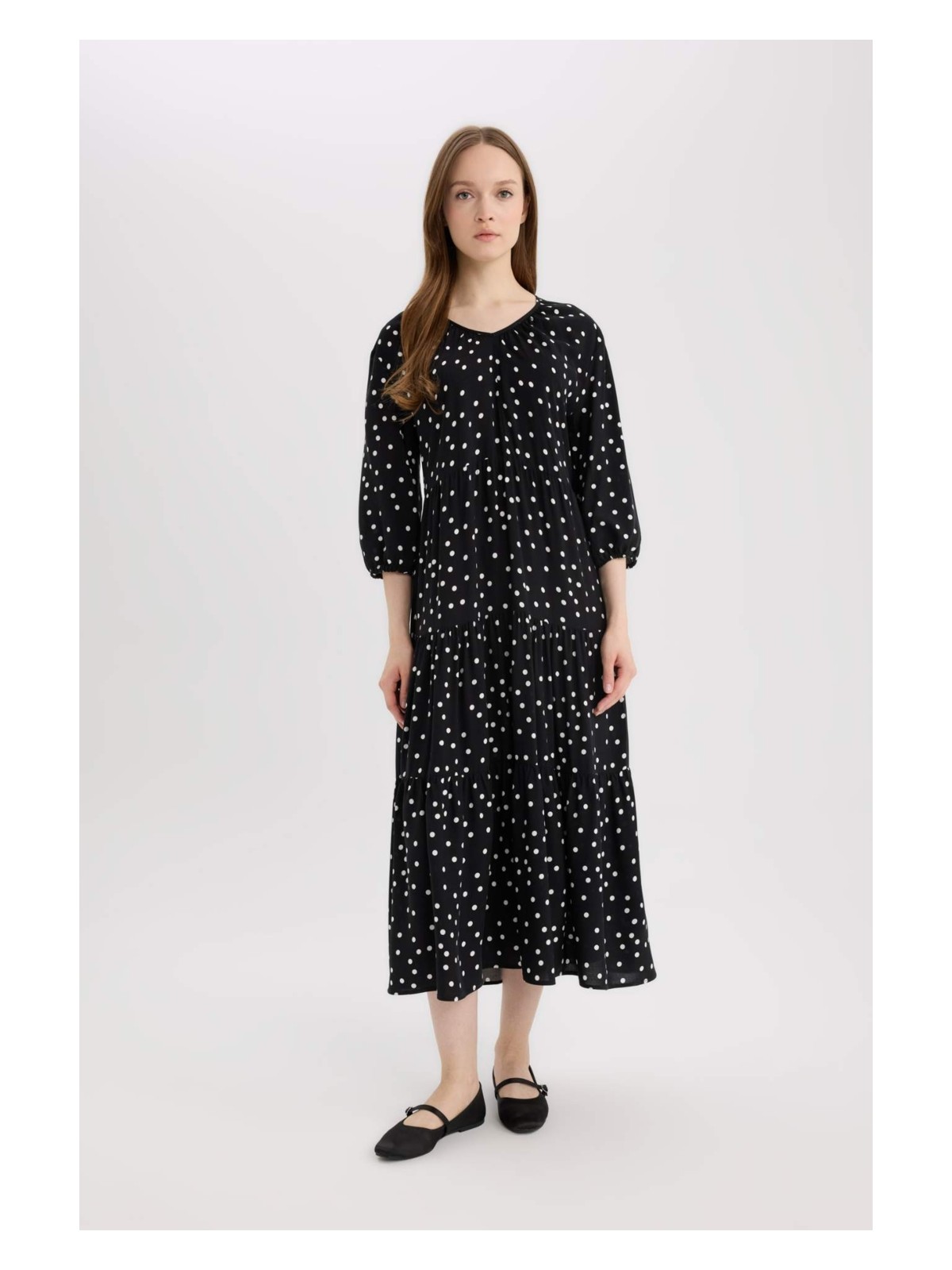 DeFacto Regular Fit Desenli V Yaka Uzun Kollu Maxi Elbise E8302AX25SP - Görsel 4