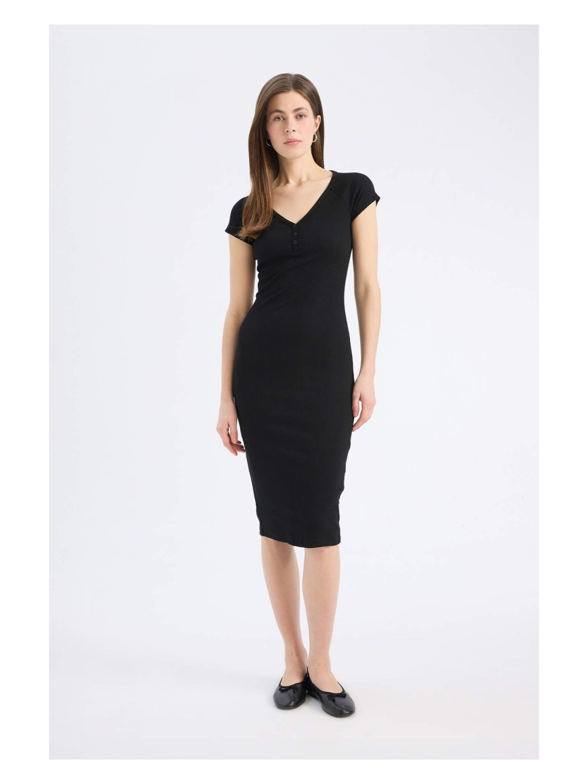 DeFacto Bodycon Vücudu Saran V Yaka Fitilli Kaşkorse Kısa Kollu Midi Elbise E7368AX25SP - Görsel 4