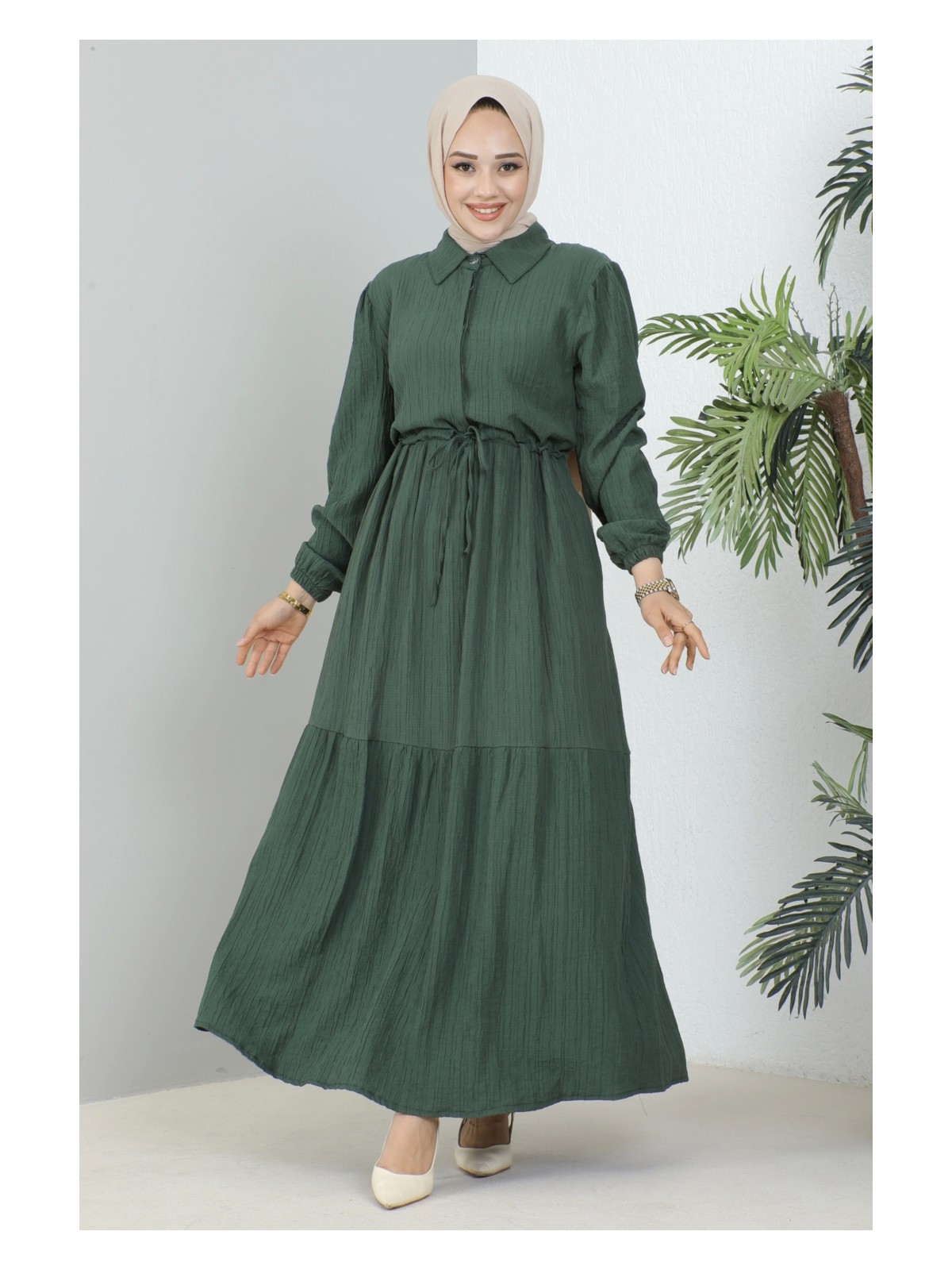 Nevayla Moda Lara Kumaş Yarım Düğmeli Kadın Elbise - Haki / E0121