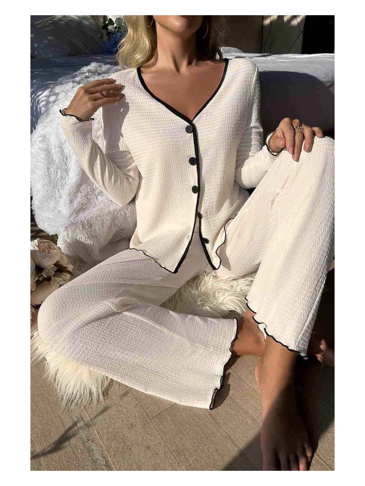 Merry See Özel Örme Kumaş Düğmeli Uzun Kollu Pijama Takımı