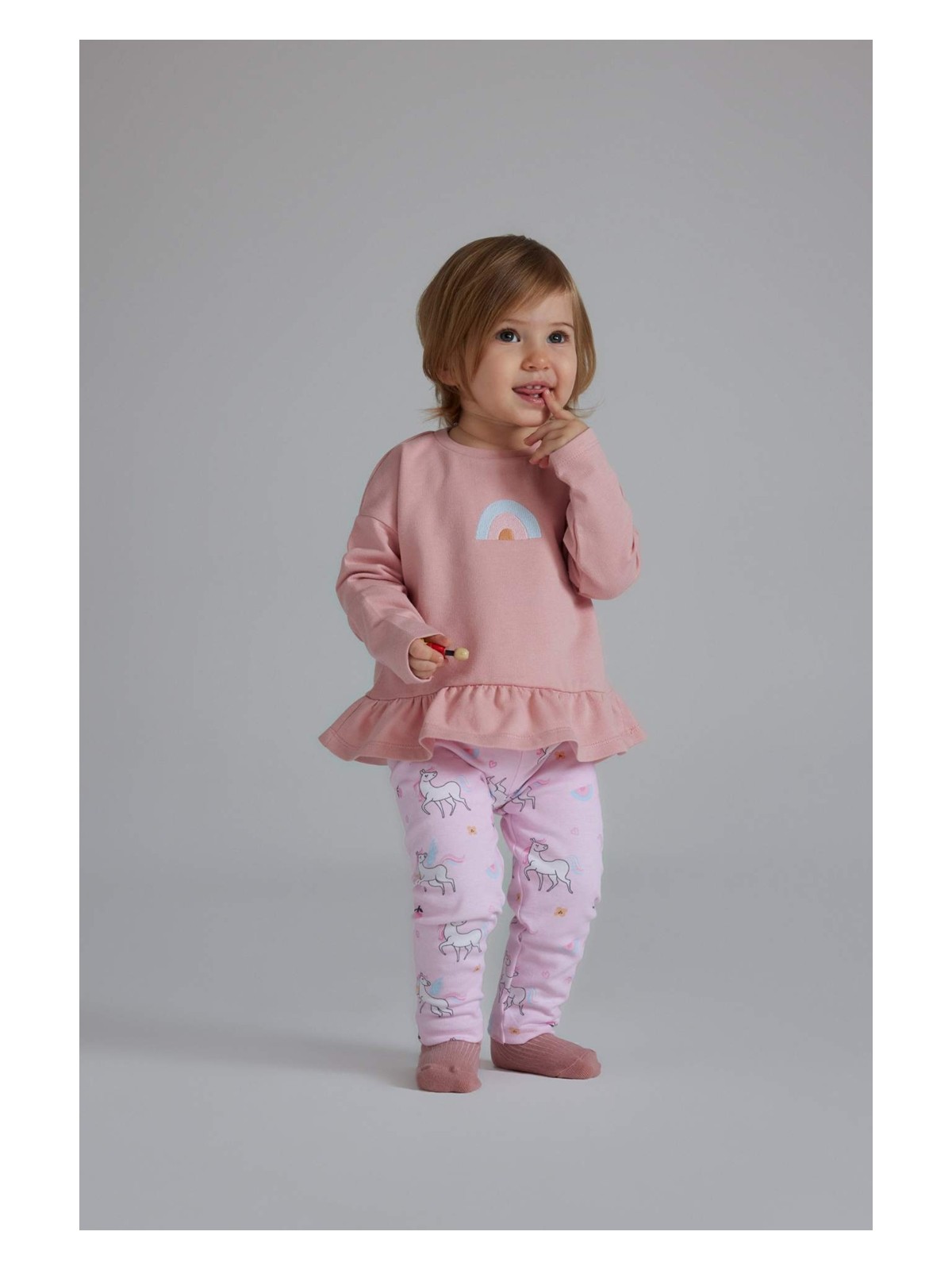 DeFacto 2'li Takım Sweatshirt Unicorn Baskılı Beli Lastikli Alt Kız Bebek D8699A525SP