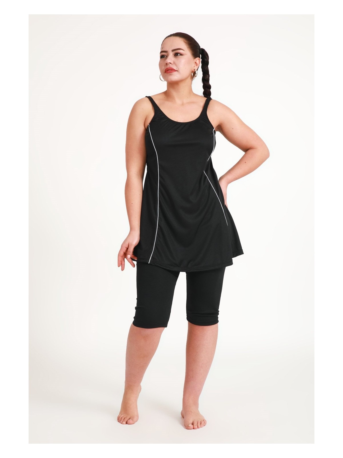 Pemilo Kadın 502 Büyük Beden Şeritli Taytlı Elbise Mayo Siyah