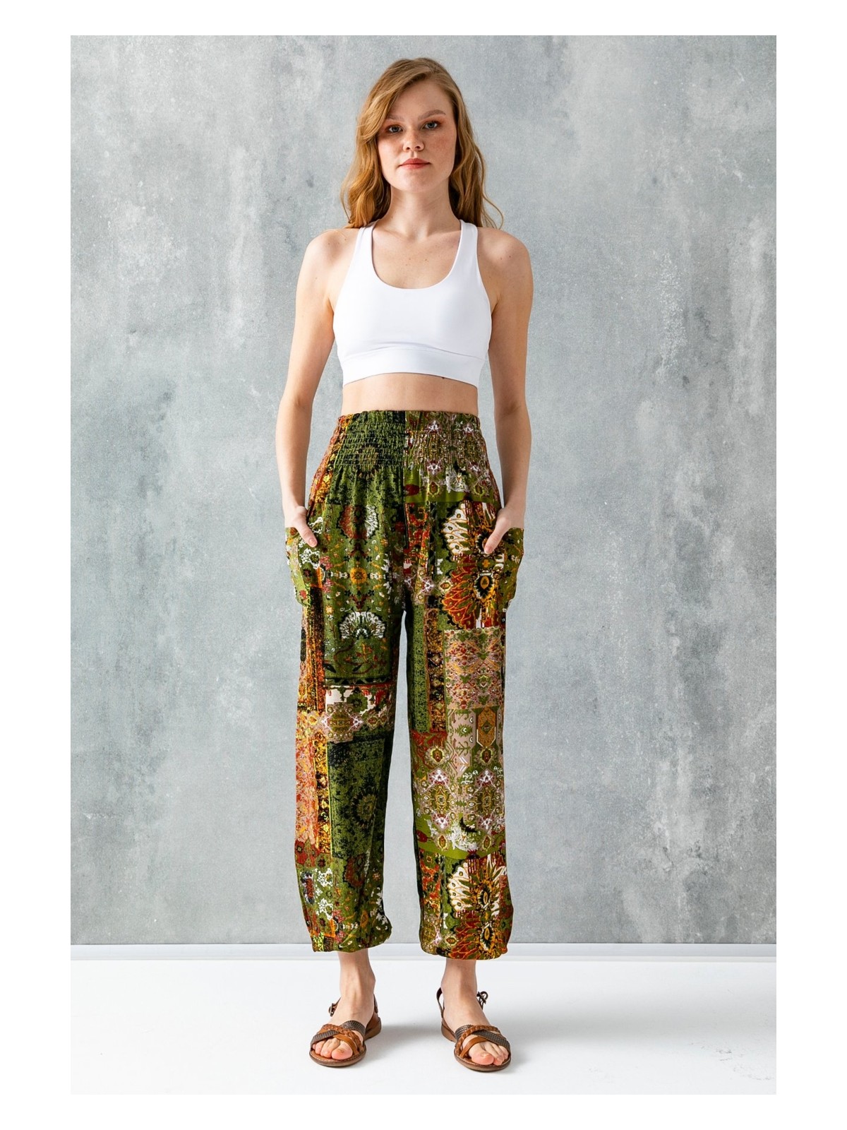 Giysa Mavi Etnik Desenli Kadın Şalvar Yoga Pantolonu %100 Viskon Çift Cepli - 2460 - Görsel 3