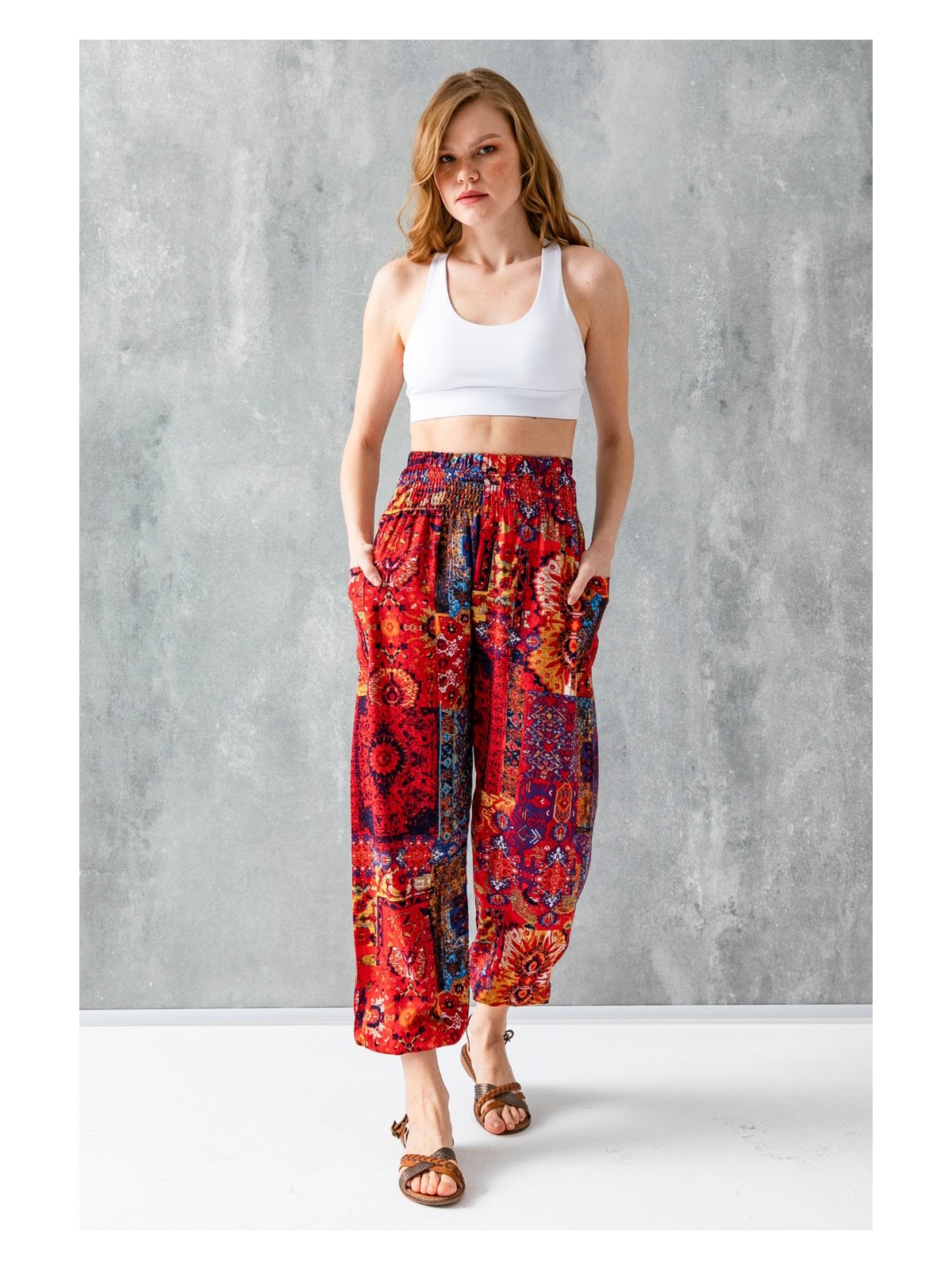 Giysa Mavi Etnik Desenli Kadın Şalvar Yoga Pantolonu %100 Viskon Çift Cepli - 2460 - Görsel 5