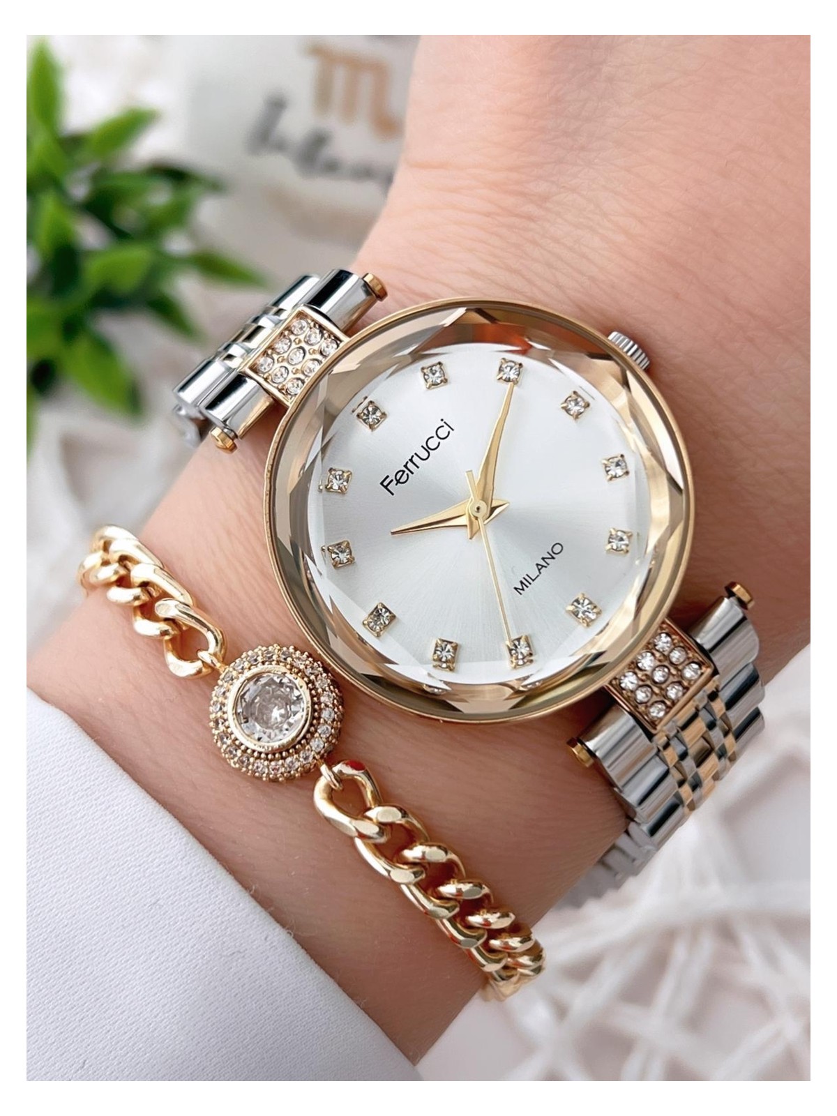Ferrucci Kesme Kristal Camlı Çelik Kordon 2 Yıl Garantili 3 Atm Kadın Kol Saati+Bileklik B01119.03 - Görsel 4