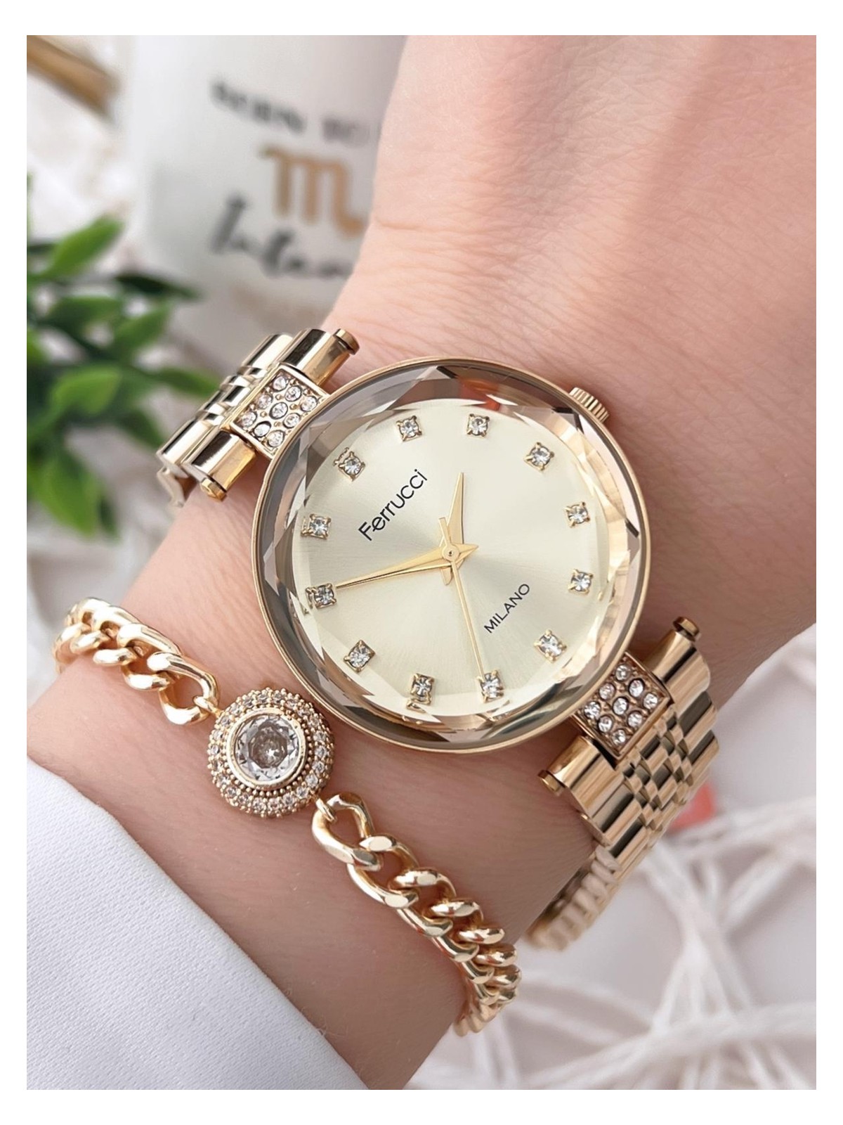 Ferrucci Kesme Kristal Camlı Çelik Kordon 2 Yıl Garantili 3 Atm Kadın Kol Saati+Bileklik B01119.03 - Görsel 6