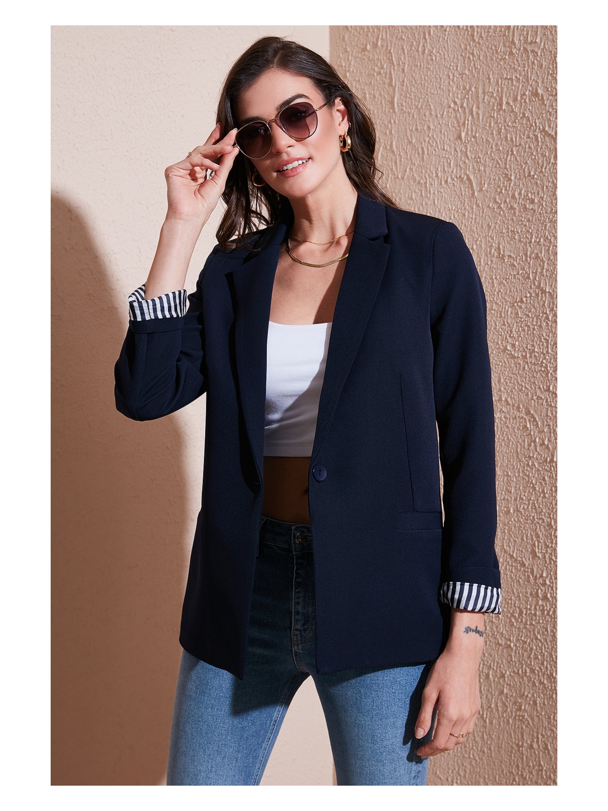 Lela Standart Fit Mono Yaka Desenli Astar Detaylı Blazer Kadın Ceket6524003 - Görsel 5