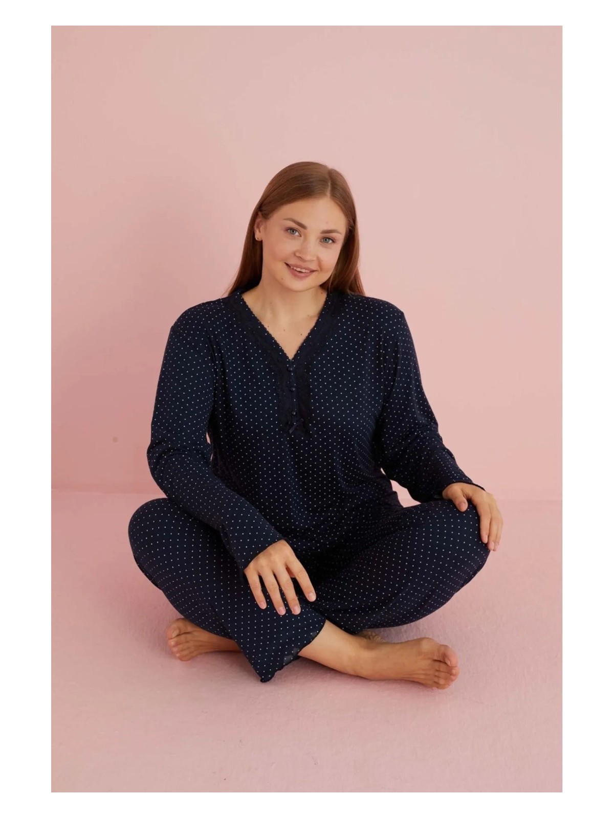 Temporium Kadın Büyük Beden Desenli Yakası Düğmeli Uzun Kollu Bambu Pijama Takımı - Görsel 3