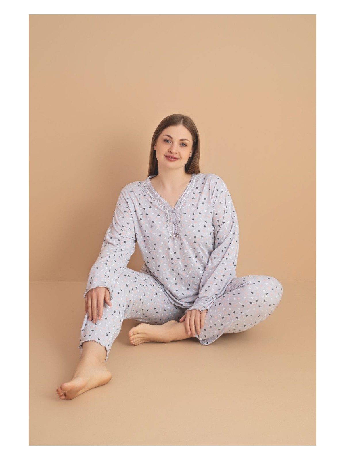 Temporium Kadın Büyük Beden Desenli Yakası Düğmeli Uzun Kollu Bambu Pijama Takımı