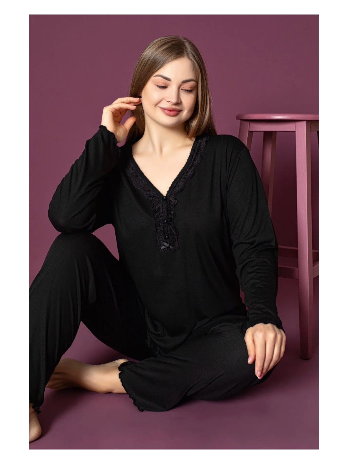 Temporium Kadın Büyük Beden Desenli Yakası Düğmeli Uzun Kollu Bambu Pijama Takımı - Görsel 4