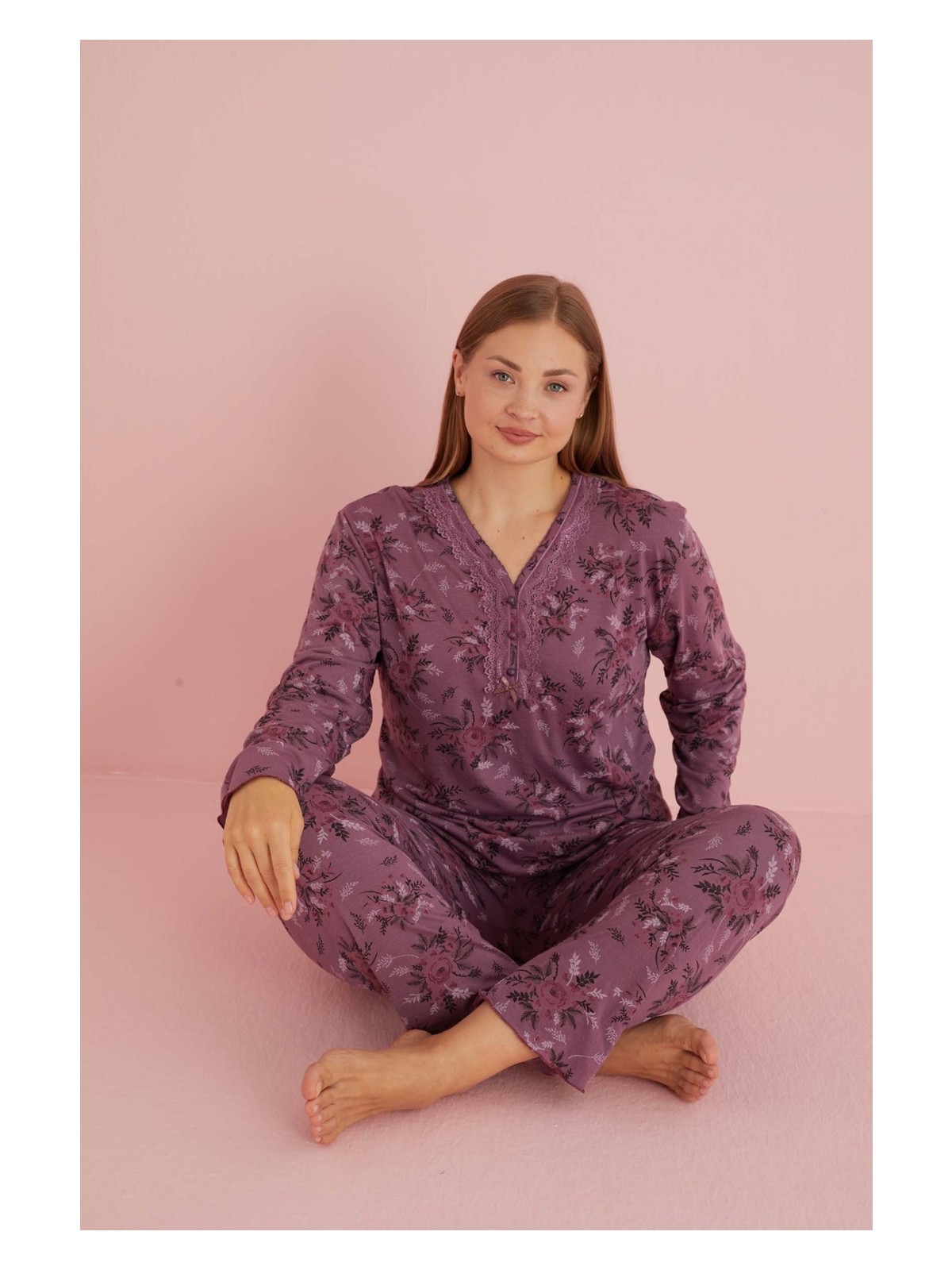 Temporium Kadın Büyük Beden Desenli Yakası Düğmeli Uzun Kollu Bambu Pijama Takımı - Görsel 6