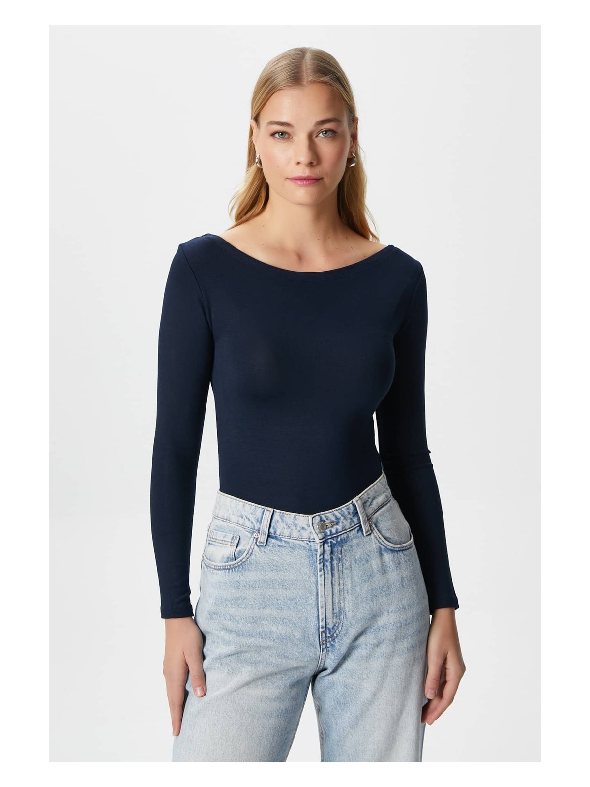 Ritnice Kayık Yaka Uzun Kollu Ekru Soft Top / Bluz - Görsel 5