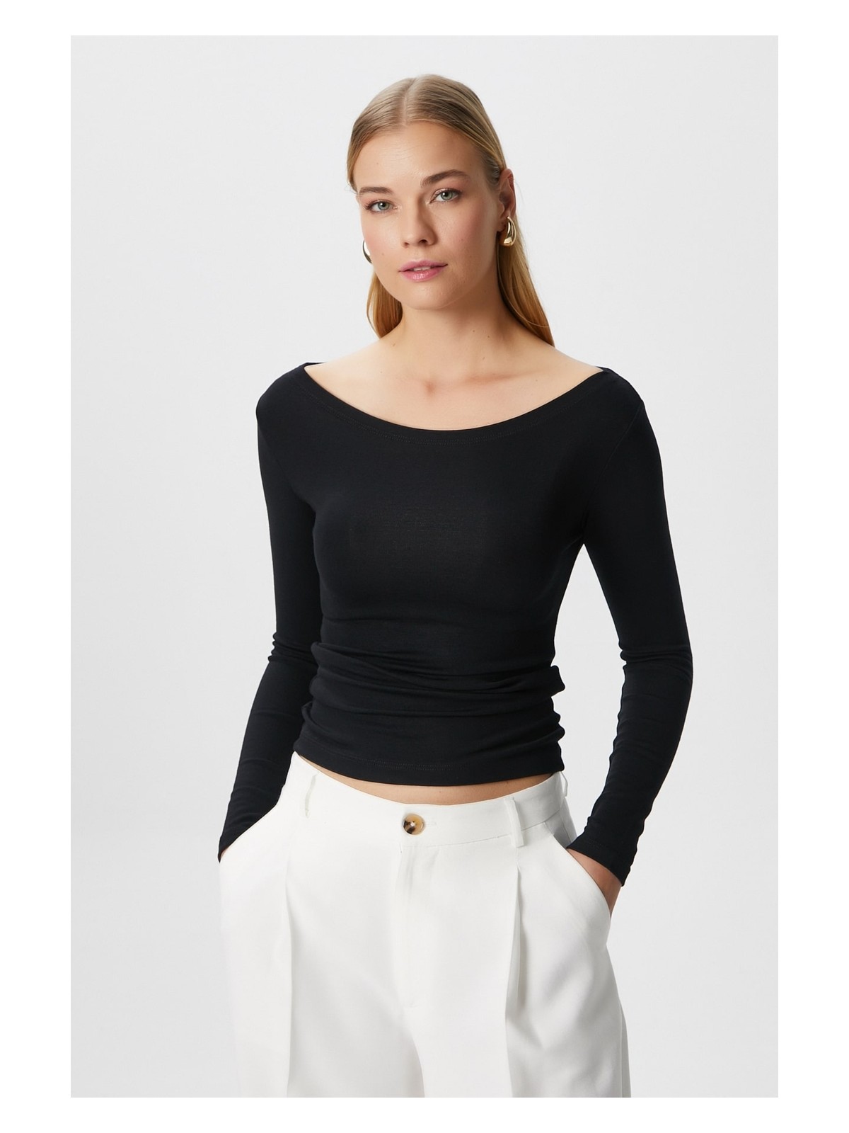 Ritnice Kayık Yaka Uzun Kollu Ekru Soft Top / Bluz - Görsel 8