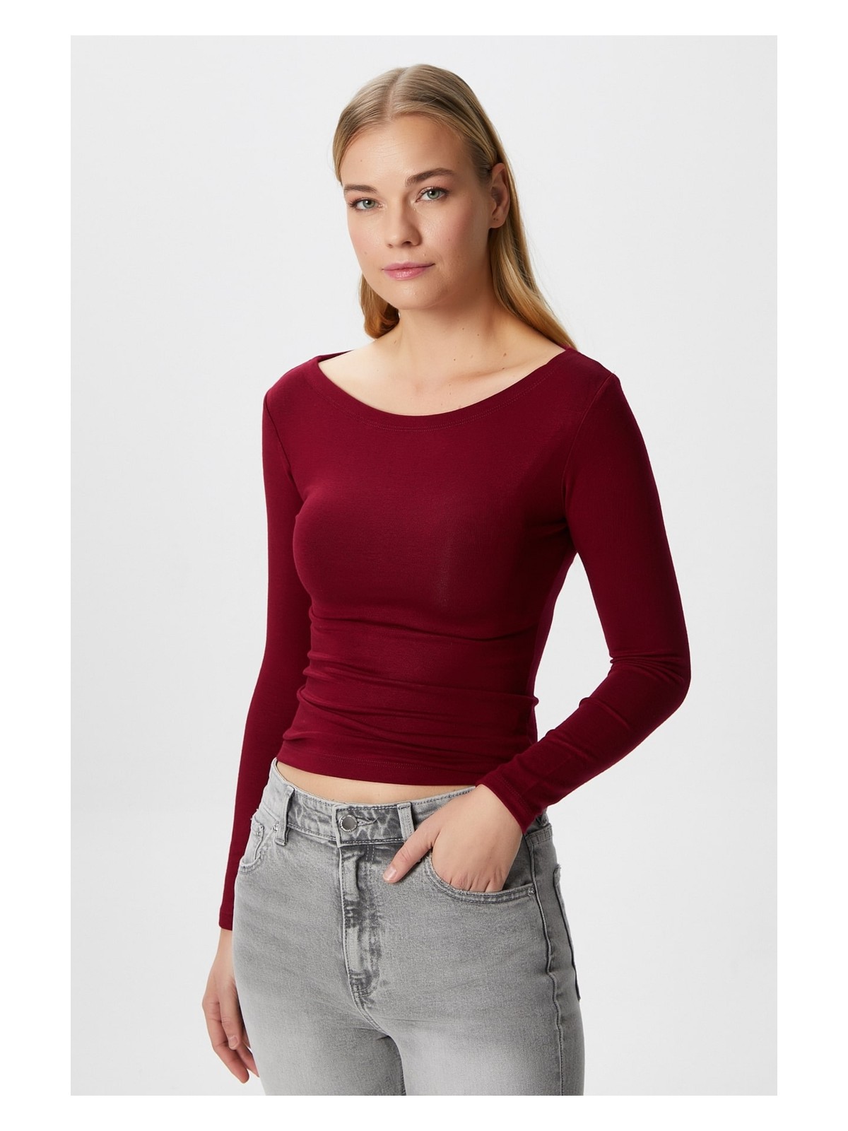 Ritnice Kayık Yaka Uzun Kollu Ekru Soft Top / Bluz - Görsel 4