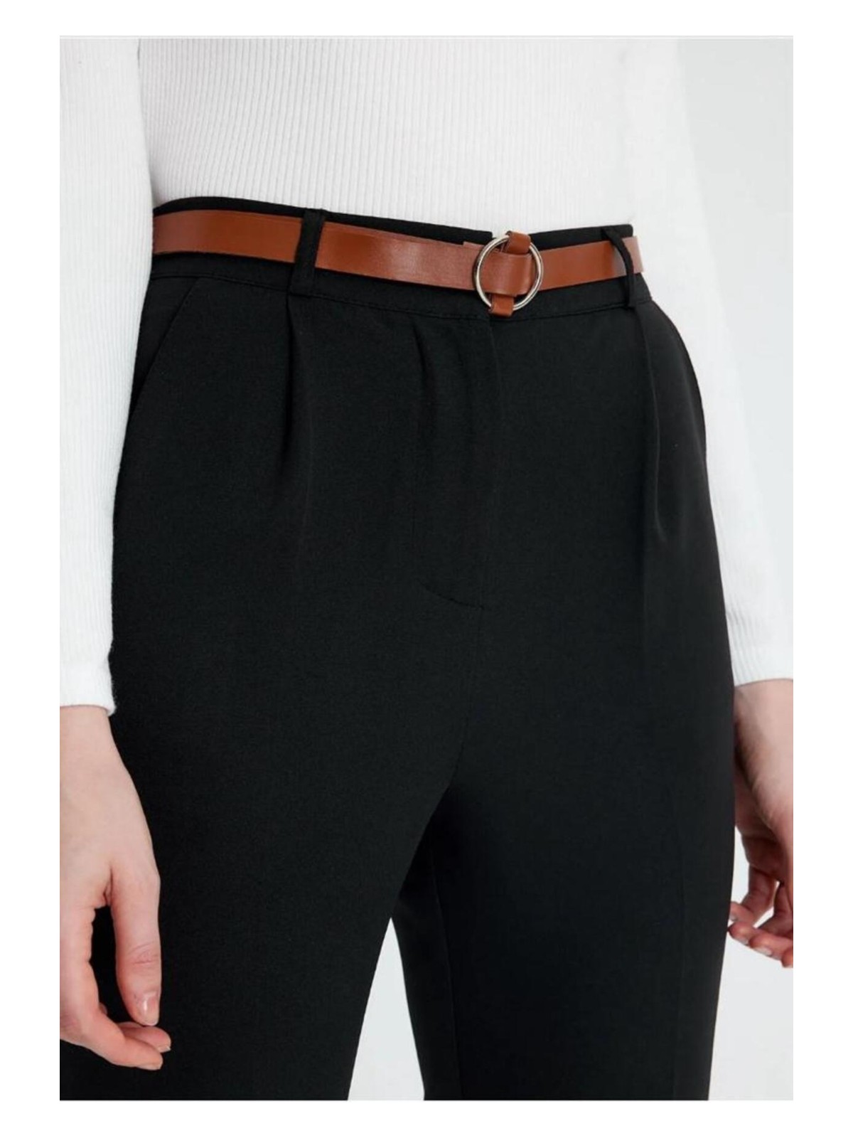 ribana Dar paça pileli kemerli mevsimlik kumaş kadın pantolon - Görsel 4