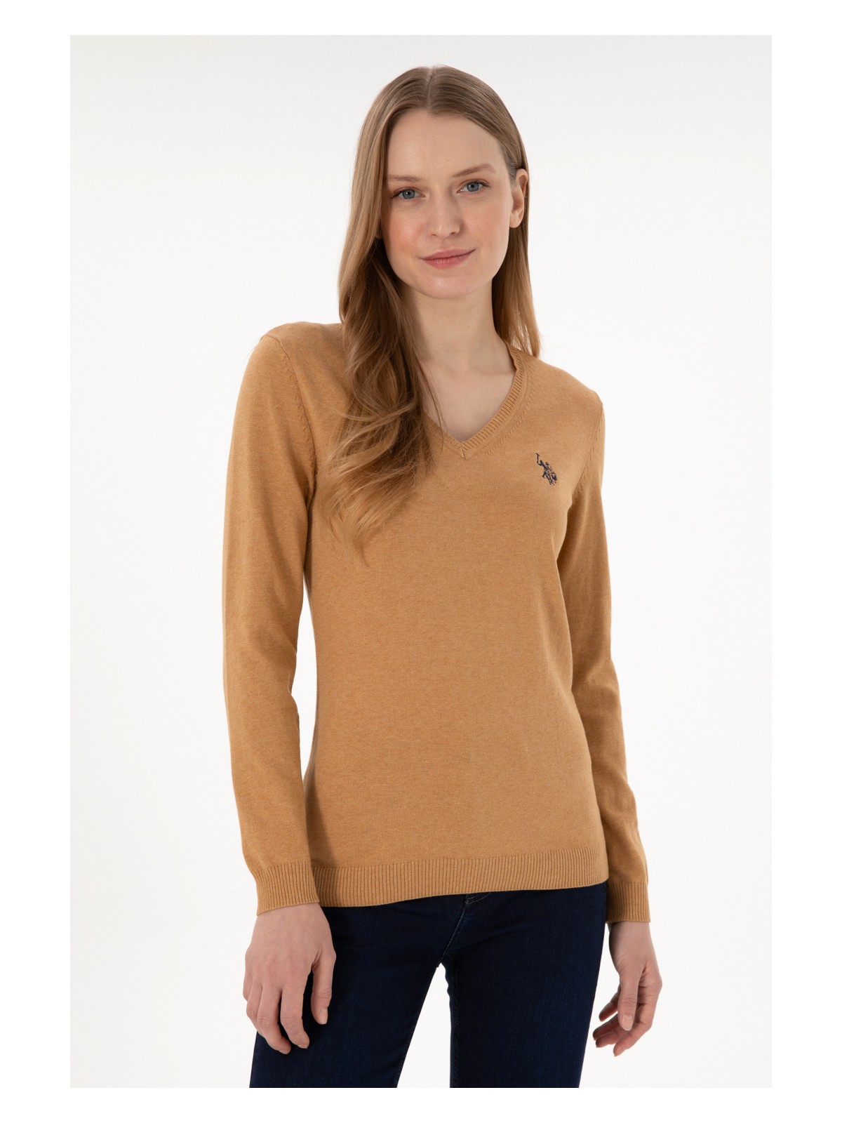 U.S. Polo Assn. Kadın Camel Melanj V Yaka Basic Kazak 50293542-VR122