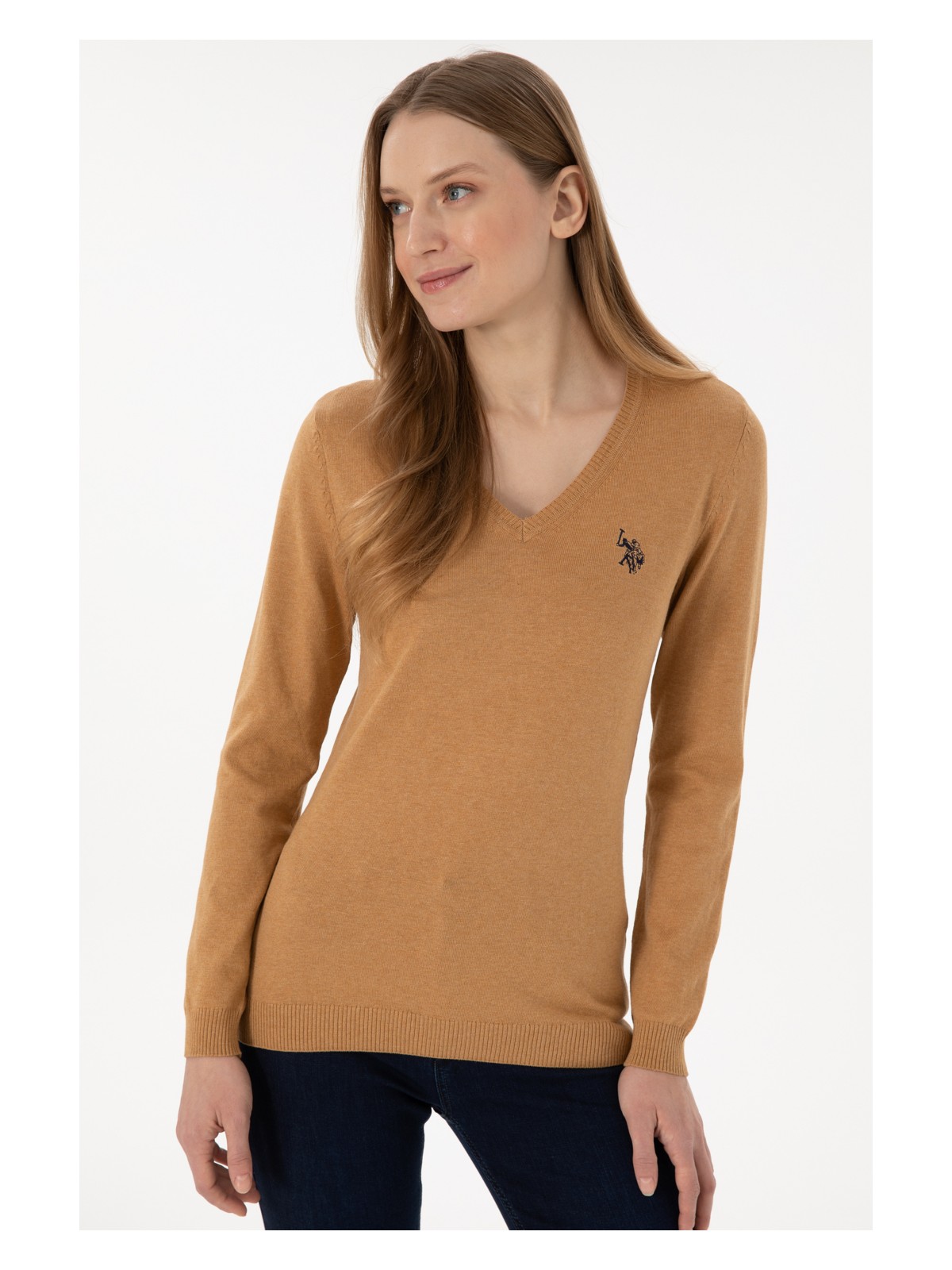 U.S. Polo Assn. Kadın Camel Melanj V Yaka Basic Kazak 50293542-VR122 - Görsel 3