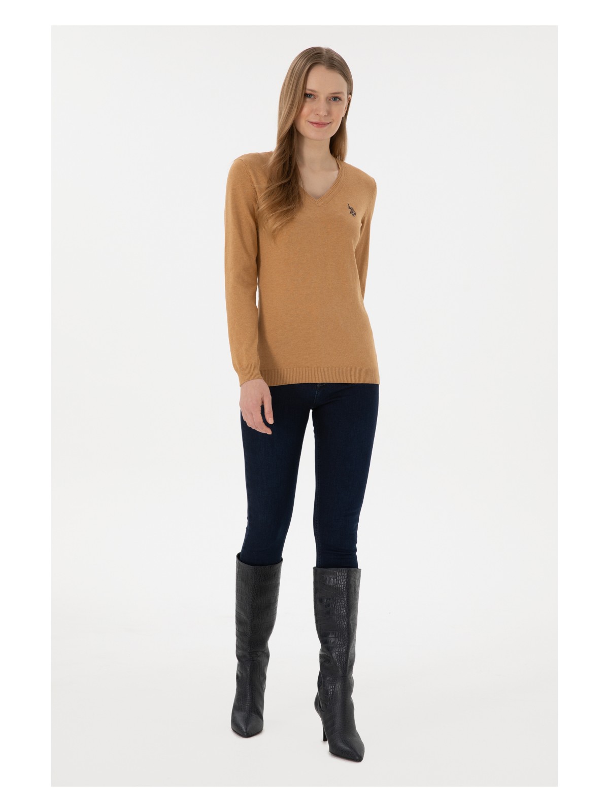 U.S. Polo Assn. Kadın Camel Melanj V Yaka Basic Kazak 50293542-VR122 - Görsel 4