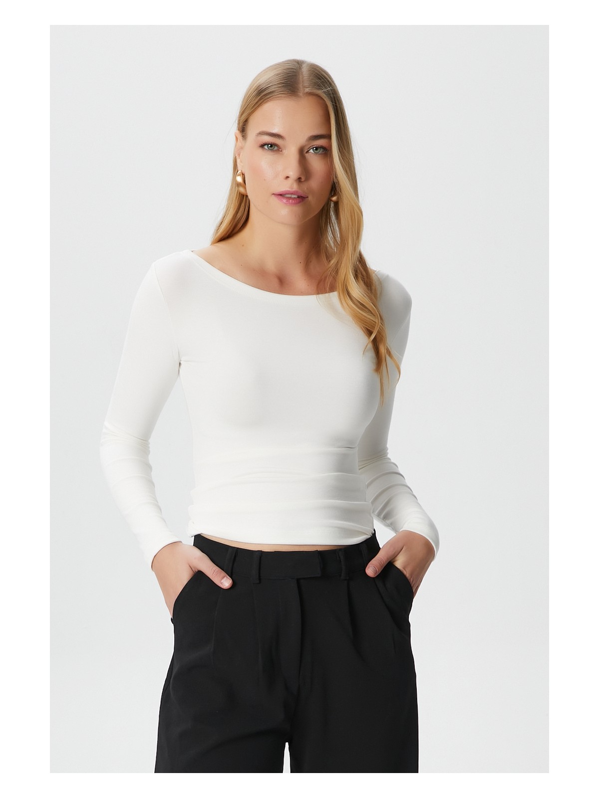 Ritnice Kayık Yaka Uzun Kollu Ekru Soft Top / Bluz