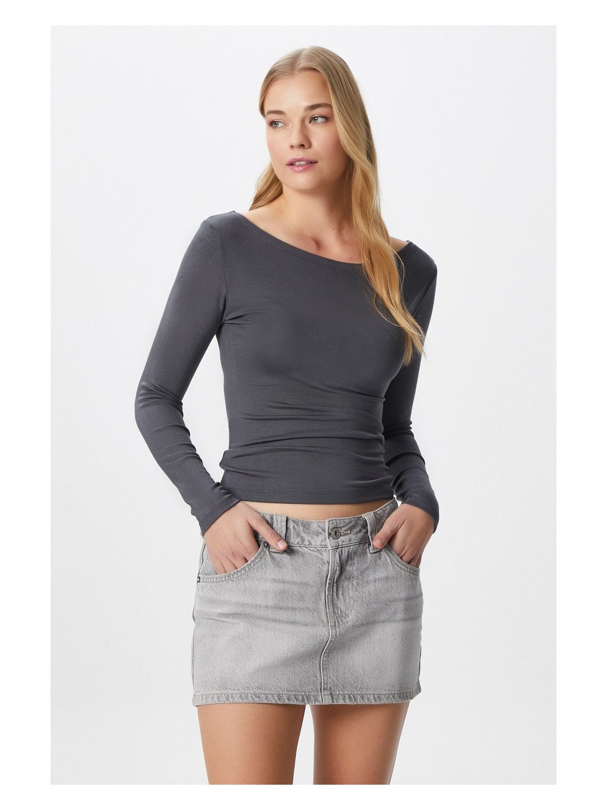 Ritnice Kayık Yaka Uzun Kollu Ekru Soft Top / Bluz - Görsel 9