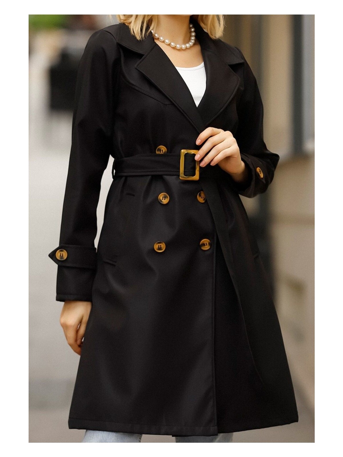 Vegenze Kadın Siyah Düğmeli Su Itici Kuşaklı Kol Kemerli Trençkot