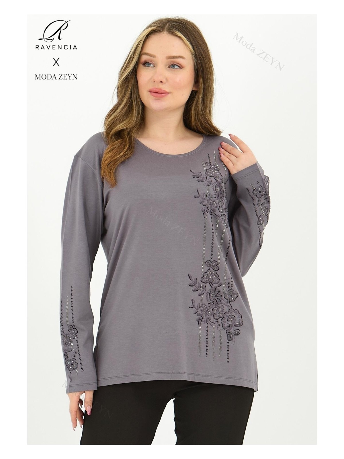 Ravencia Kadın Orta Yaş ve Üzeri Viskon Şerit Desen Taşlı Işlemeli Likralı Gri Anne Penye Bluz
