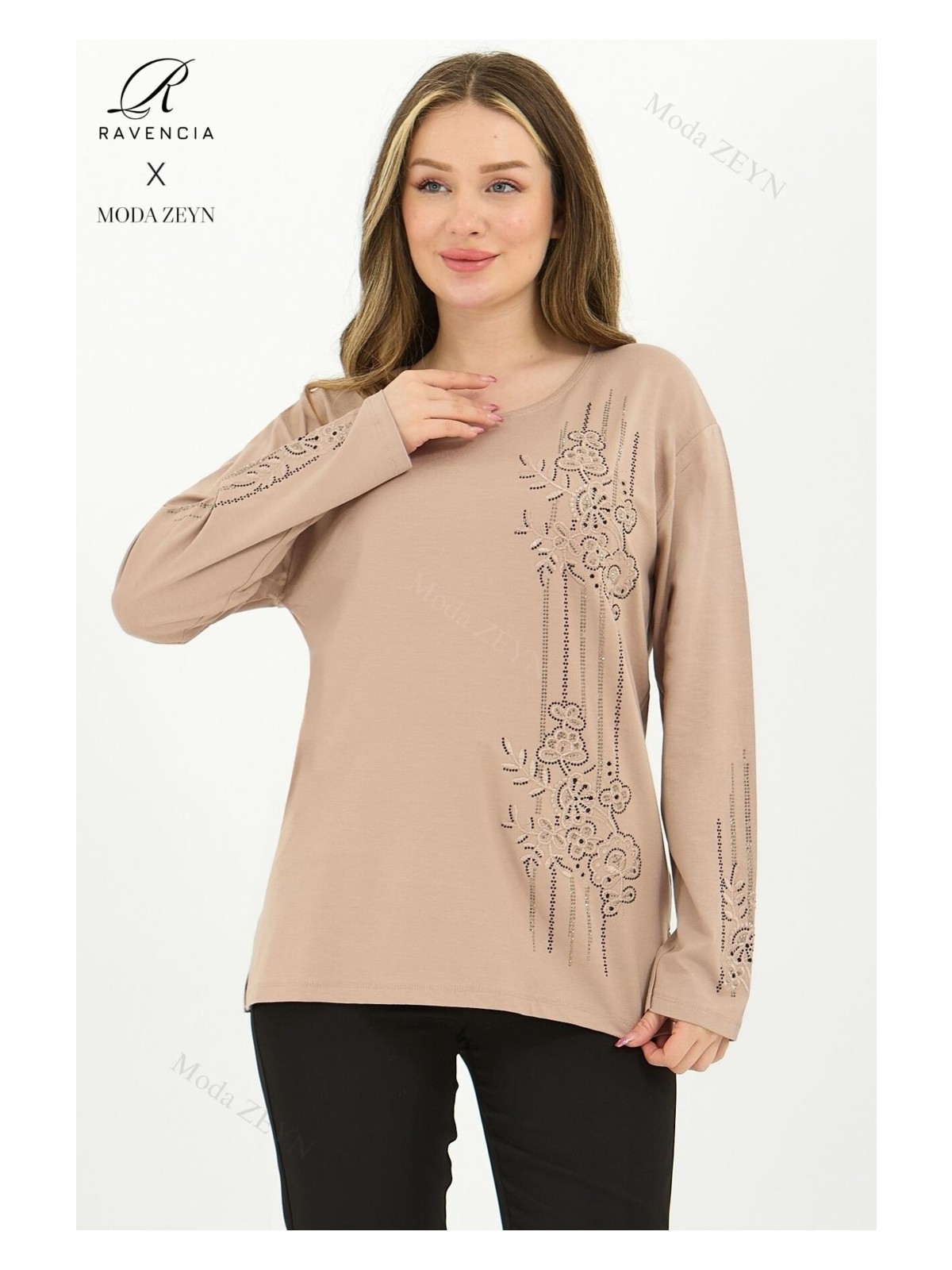 Ravencia Kadın Orta Yaş ve Üzeri Viskon Şerit Desen Taşlı Işlemeli Likralı Gri Anne Penye Bluz - Görsel 6