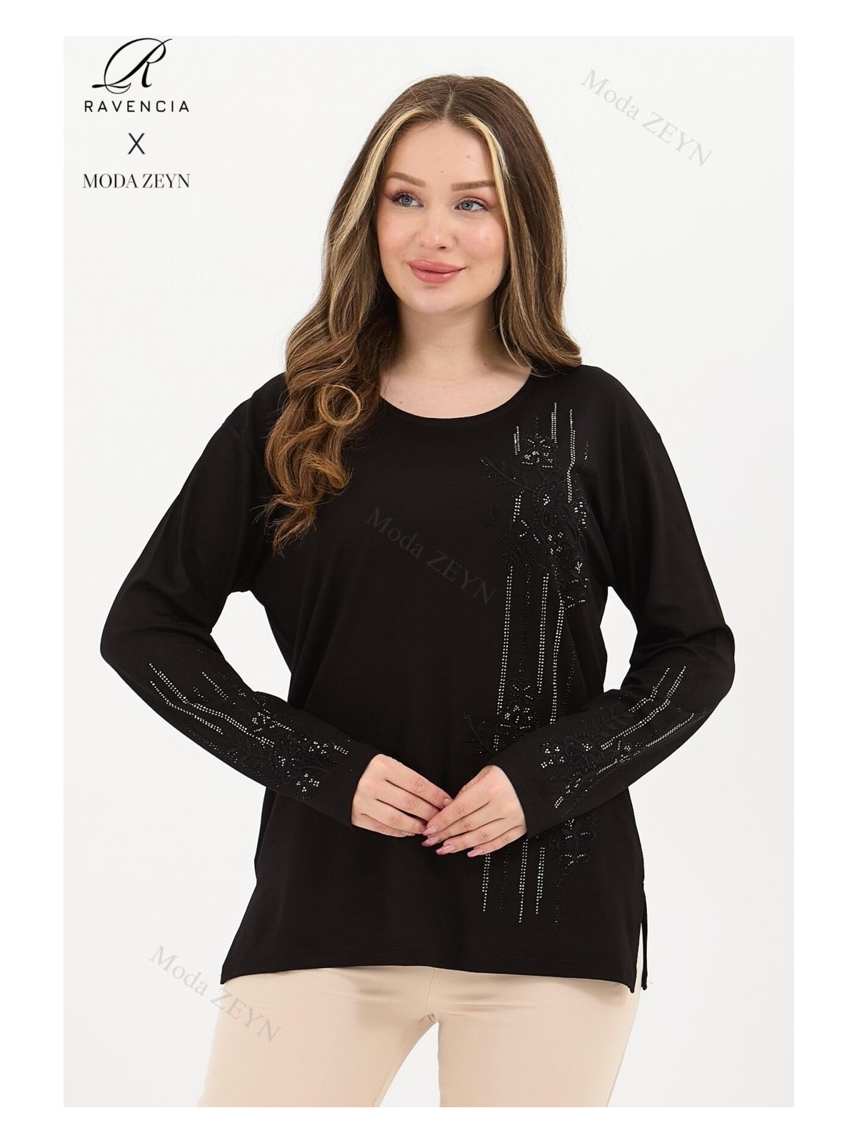 Ravencia Kadın Orta Yaş ve Üzeri Viskon Şerit Desen Taşlı Işlemeli Likralı Gri Anne Penye Bluz - Görsel 5