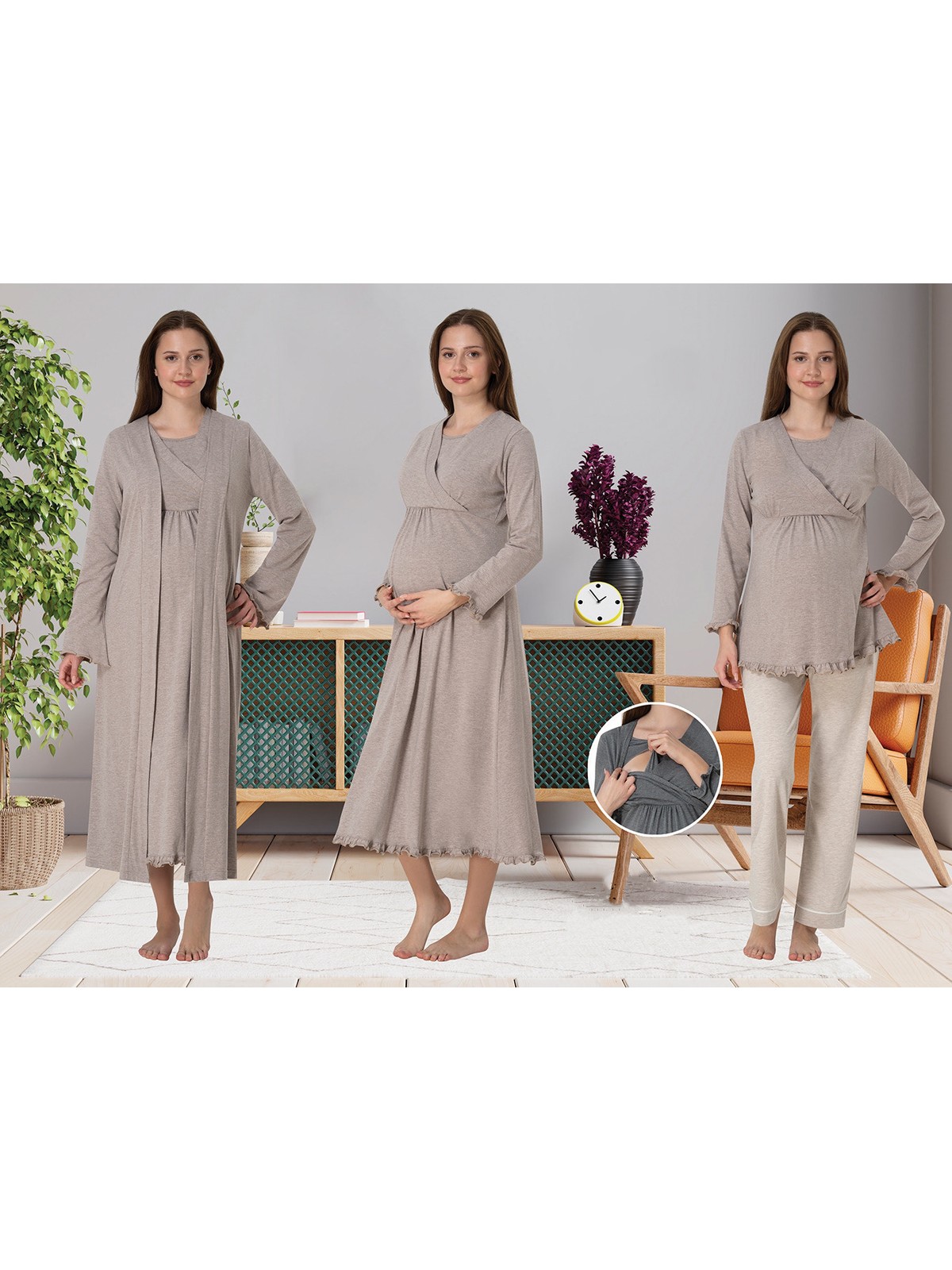 Effortt Dvina Effortt Lohusa 4'lü Set - Sabahlık/pijama Takımı/gecelik Füme - 4046 - Görsel 5