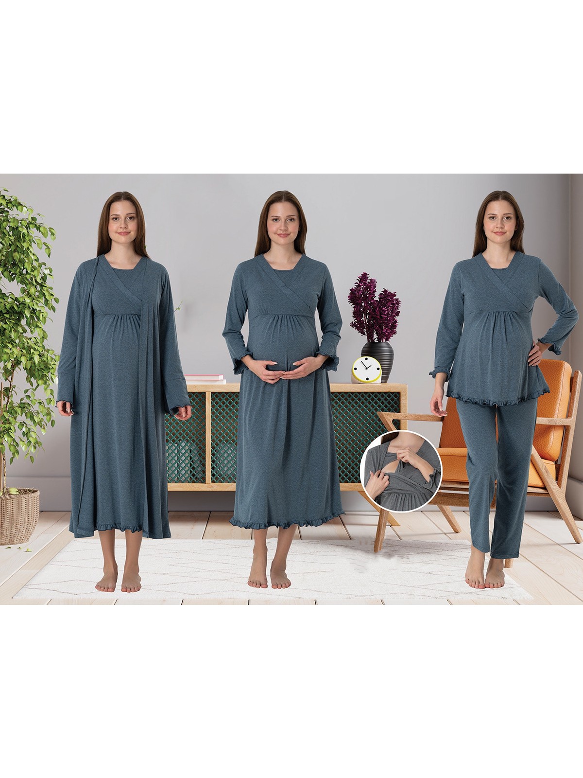 Effortt Dvina Effortt Lohusa 4'lü Set - Sabahlık/pijama Takımı/gecelik Füme - 4046 - Görsel 6