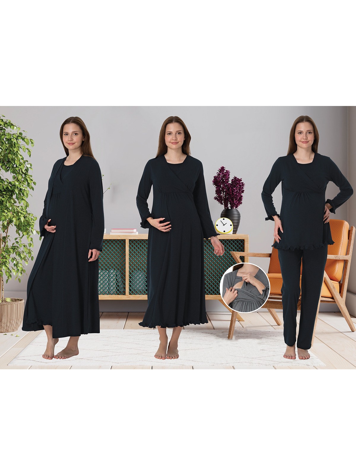 Effortt Dvina Effortt Lohusa 4'lü Set - Sabahlık/pijama Takımı/gecelik Füme - 4046 - Görsel 4