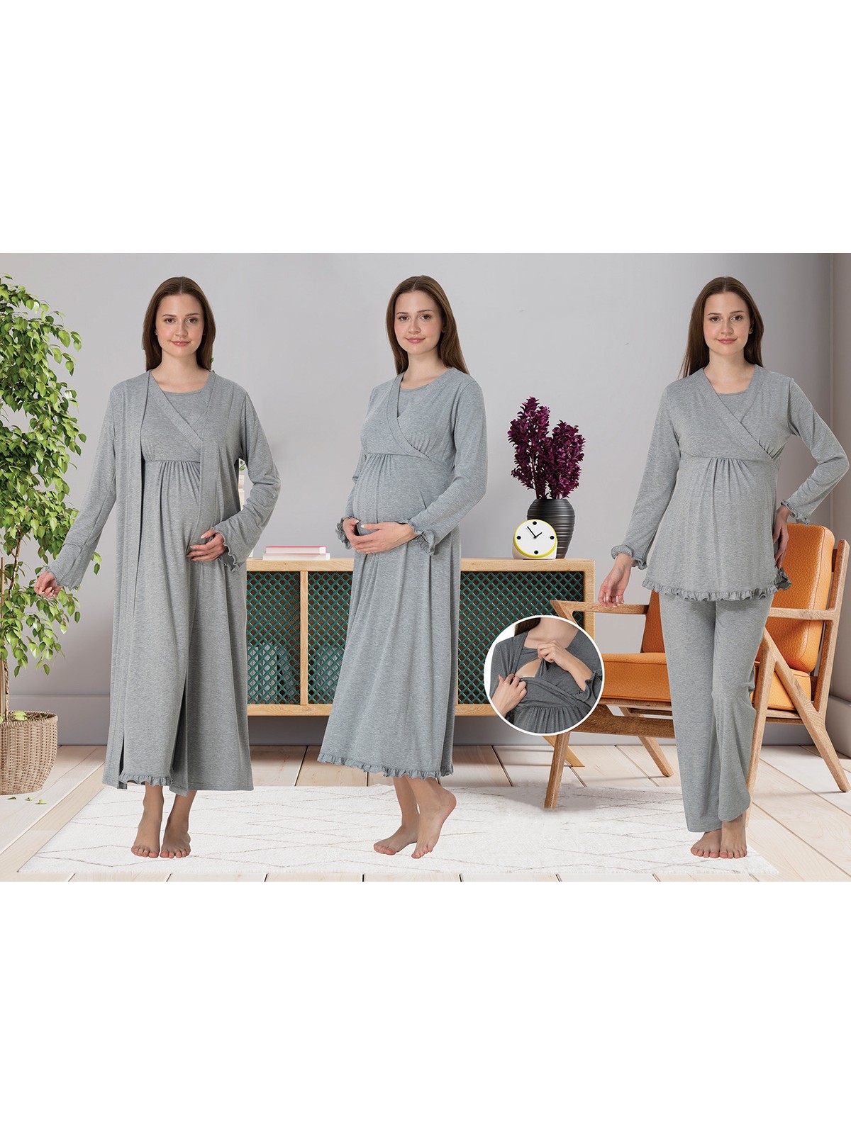 Effortt Dvina Effortt Lohusa 4'lü Set - Sabahlık/pijama Takımı/gecelik Lacivert - 4046 - Görsel 3
