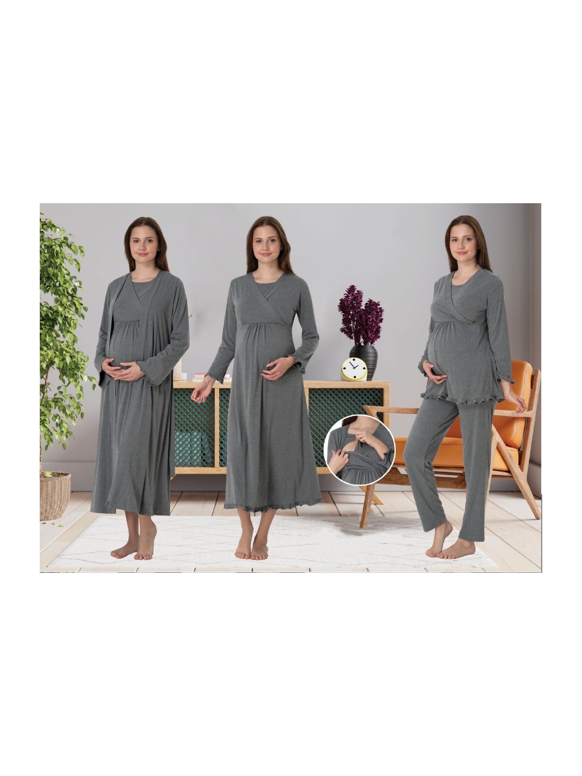 Effortt Dvina Effortt Lohusa 4'lü Set - Sabahlık/pijama Takımı/gecelik Gri - 4046 - Görsel 7