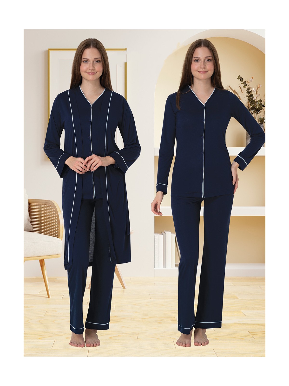 Effortt Lohusa Sabahlıklı Pijama Takımı Lacivert - 5074