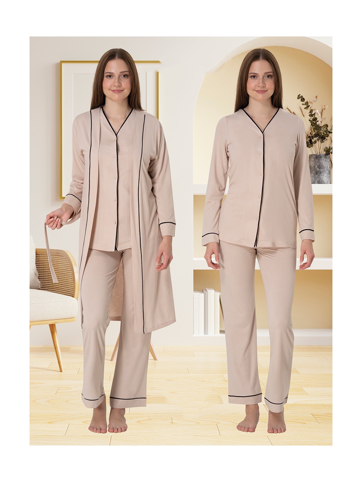 Effortt Lohusa Sabahlıklı Pijama Takımı Ekru - 5074 - Görsel 4