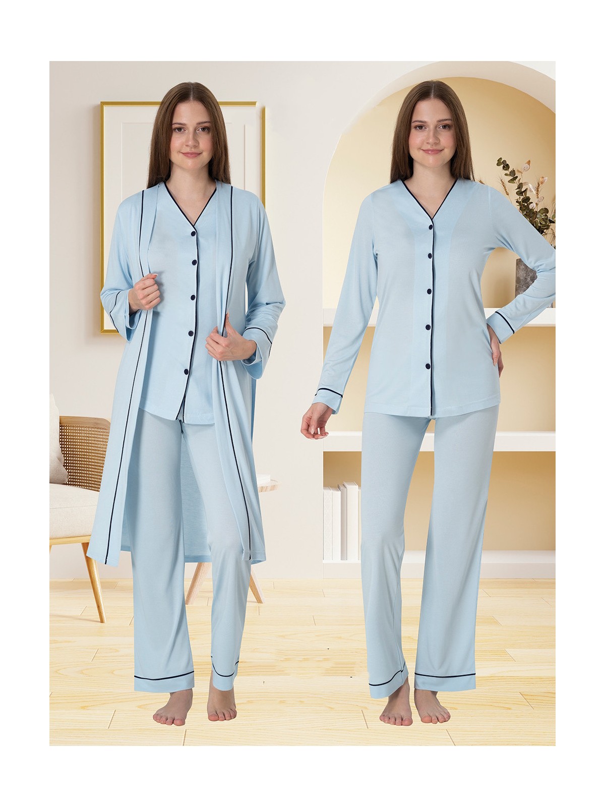 Effortt Lohusa Sabahlıklı Pijama Takımı Lacivert - 5074 - Görsel 7