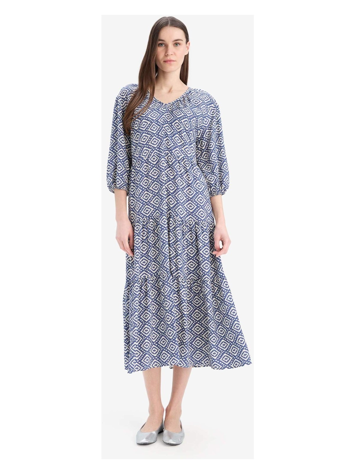 DeFacto Regular Fit Desenli V Yaka Uzun Kollu Maxi Elbise E8302AX25SP