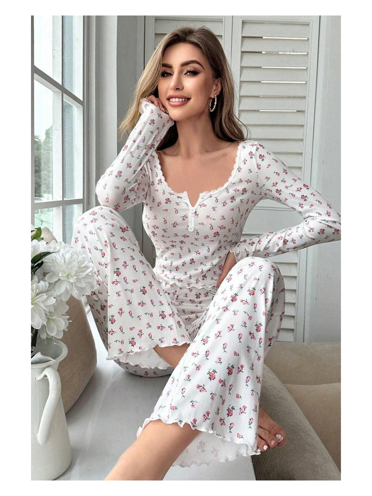 Bella Notte Çiçek Baskılı Uzun Kollu Pamuk - Viskon Pijama Takımı