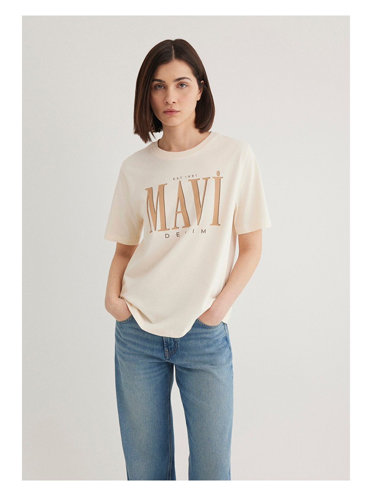 Mavi Mavi Logo Baskılı Bej Tişört 1611990-70008